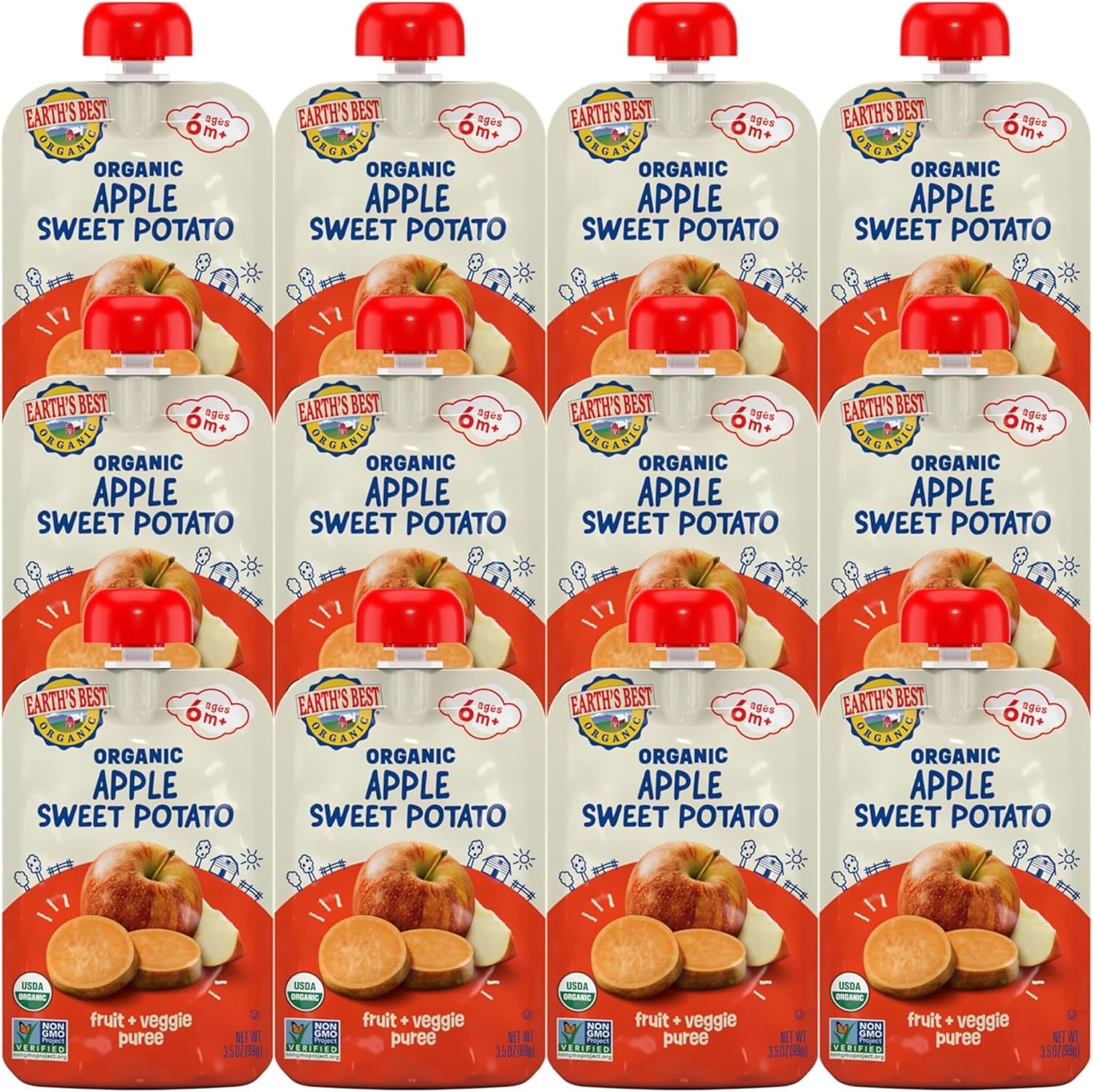 Organic Baby Food Pouches, 6+ Months, Fruit and Vegetable Puree for Babies 6 Months and Up, Organic Apple and Sweet Potato, 3.5 Ounce Resealable Pouch