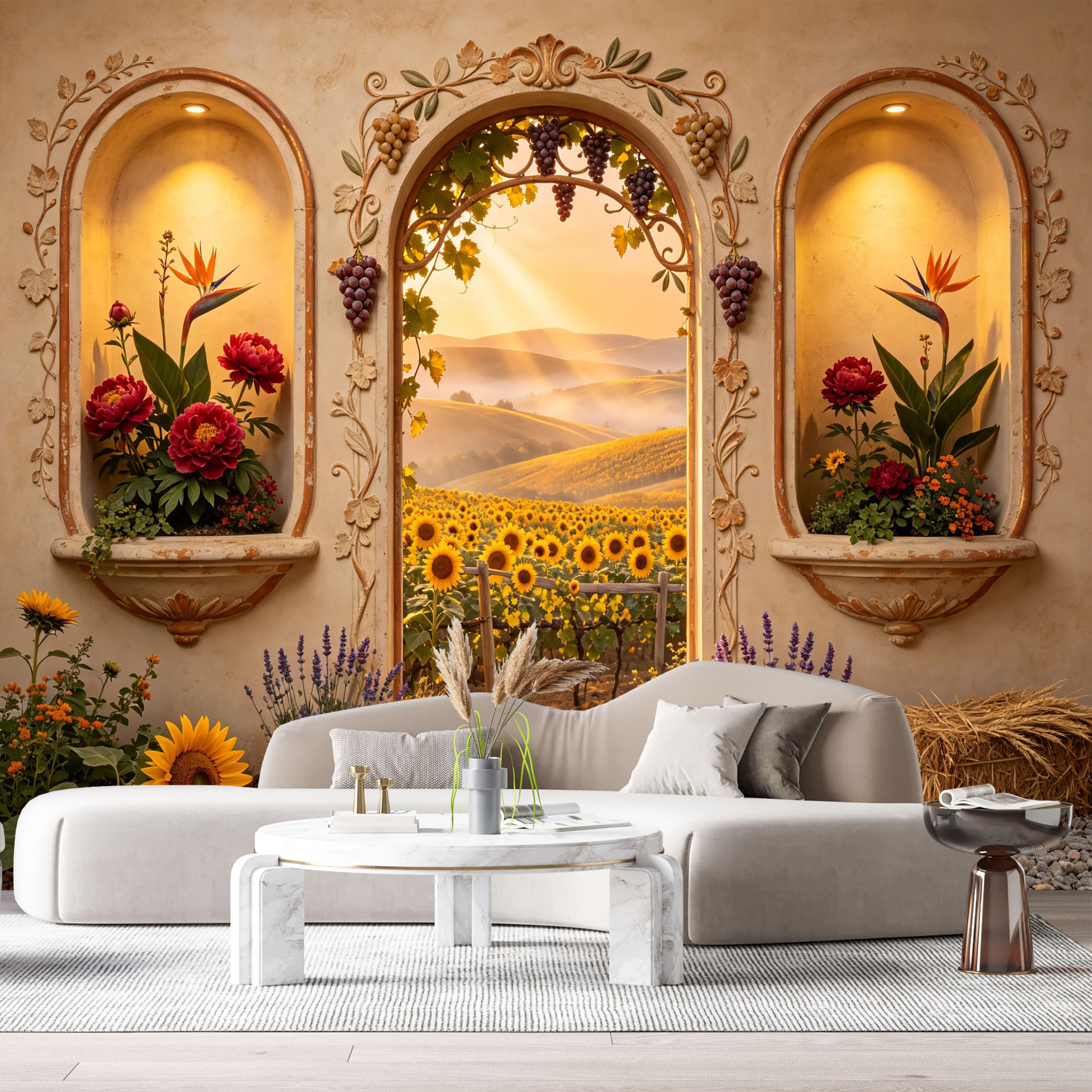 Custom Size Wall Murals Tuscan Sunflower Field Farmhouse Landscape 3D Archway Peony Flowers SelfAdhesive Wall Fabric Removable Large Wallpaper Photo for Living Room