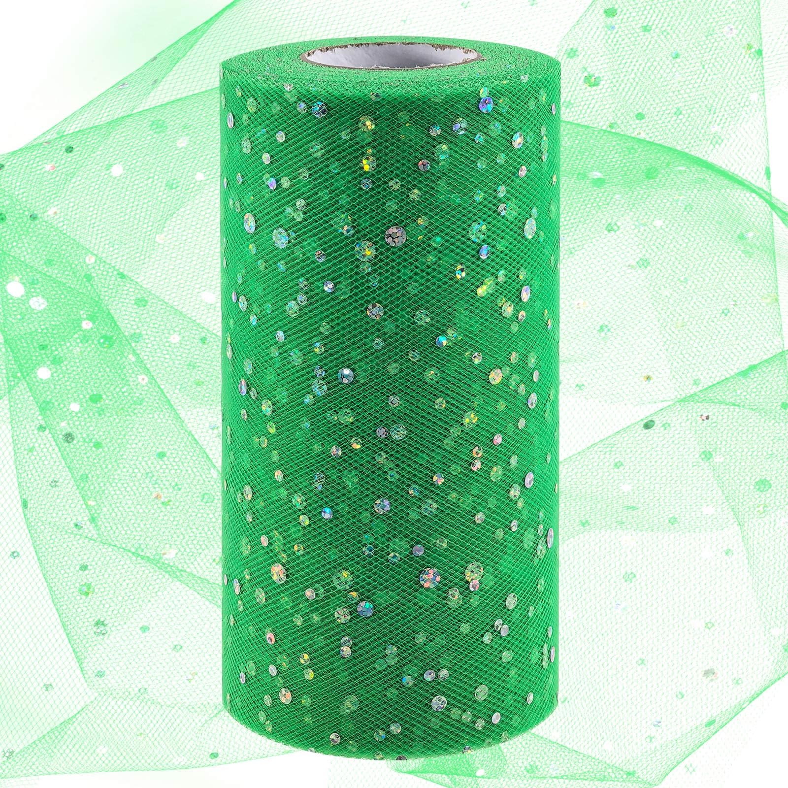 Swpeet 6 Inch by 50 Yards Grass Green Glitter Tulle Fabric Roll, Fabric Spool Sparkling Tulle Ribbon, Netting Polyester Spool for DIY Birthday Party Wedding Decorations Christmas Craft Supplies