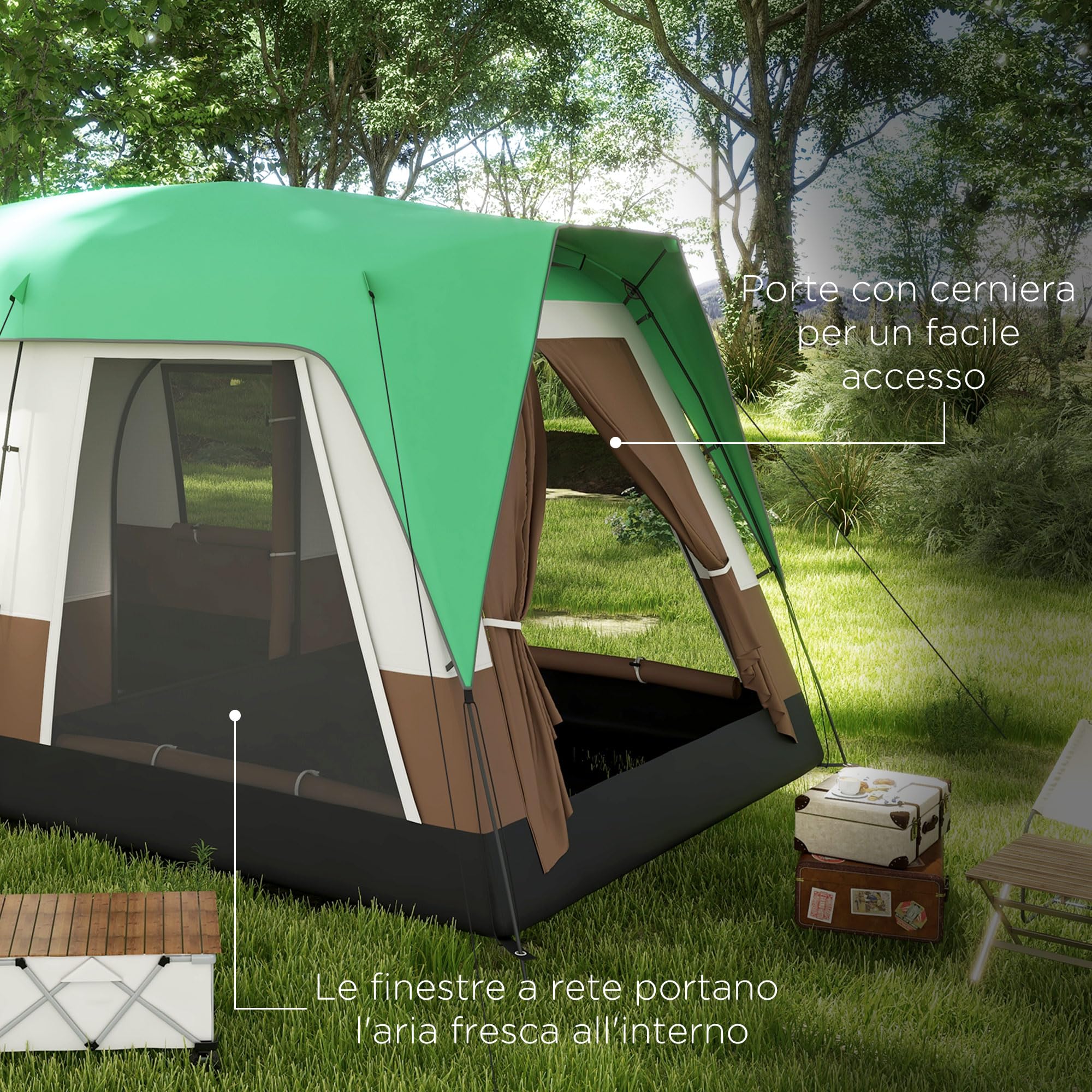 Outsunny Tenda da Campeggio 4 Posti Impermeabile con Finestre a Rete, Tenda a Tunnel in Poliestere, 490x305x225 cm, Verde