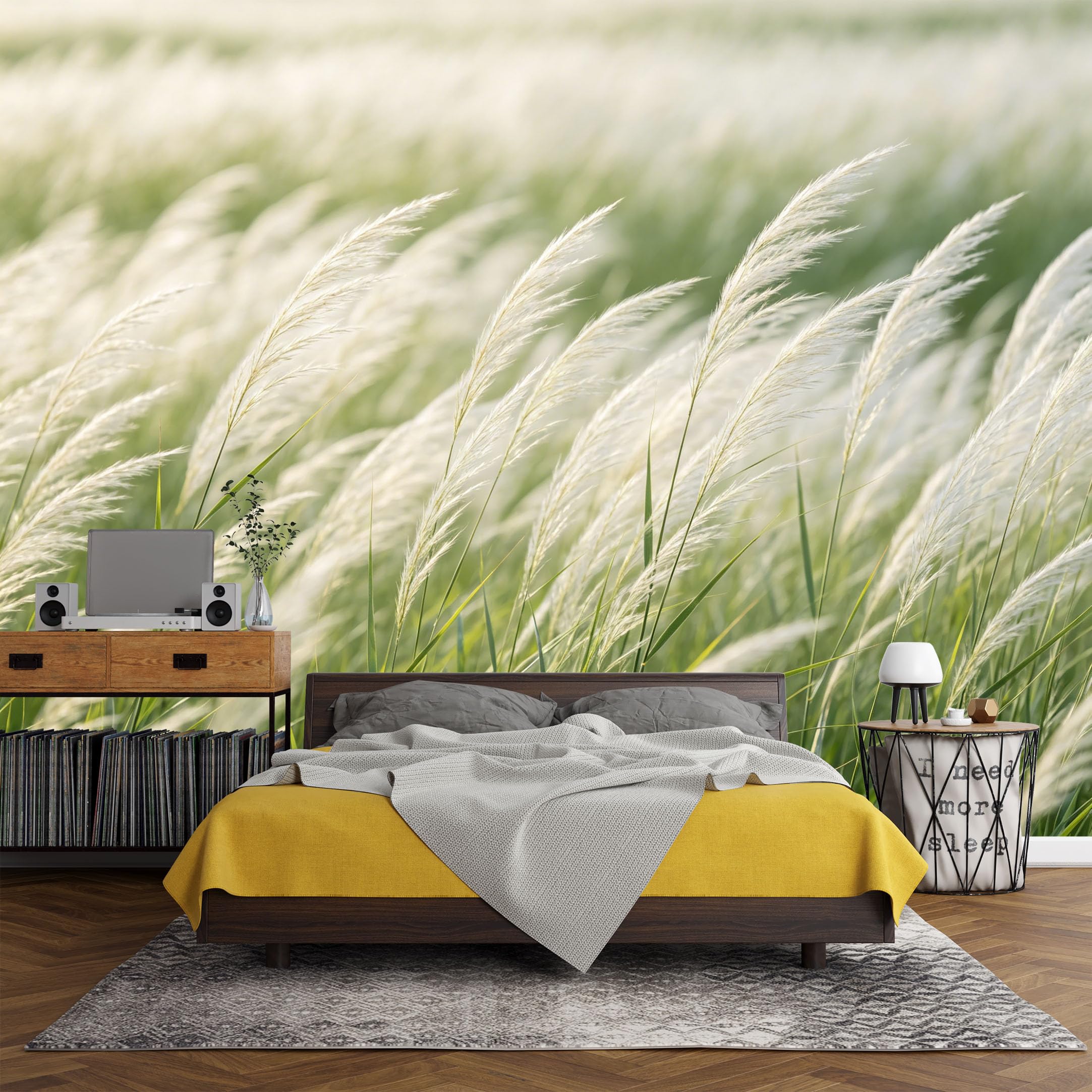 Custom Size Wall Mural， Botanical Pampas Grasses Field Meadow Breeze Landscape，SelfAdhesive Art Prints wall Fabric (No PVC) Removable Wallpaper Living Room Decor