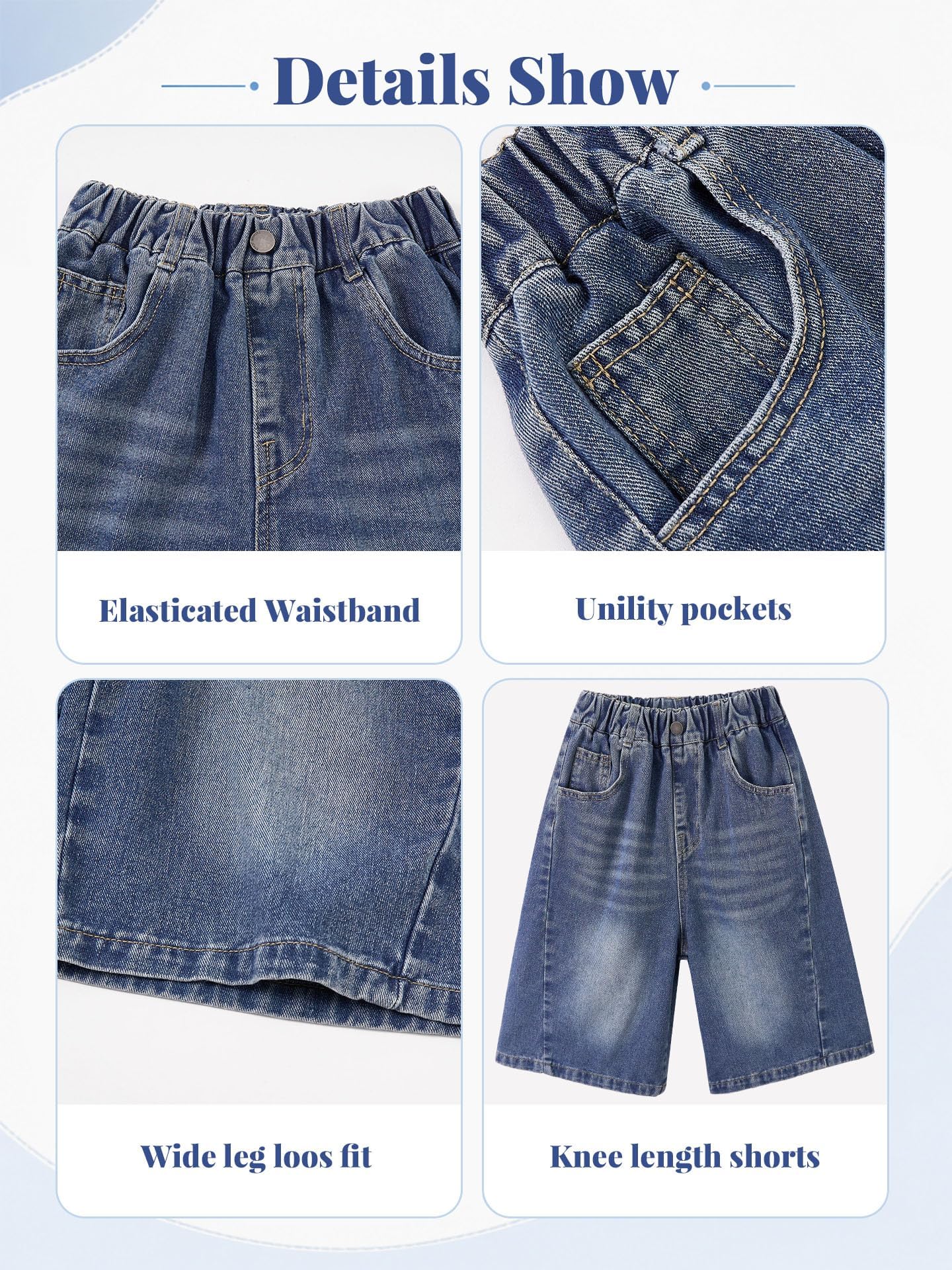 Rolanko Pantalones Cortos Vaqueros para Niñas, Cintura Elástica Bermudas Pierna Ancha Pantalones Cortos de Verano hasta La Rodilla
