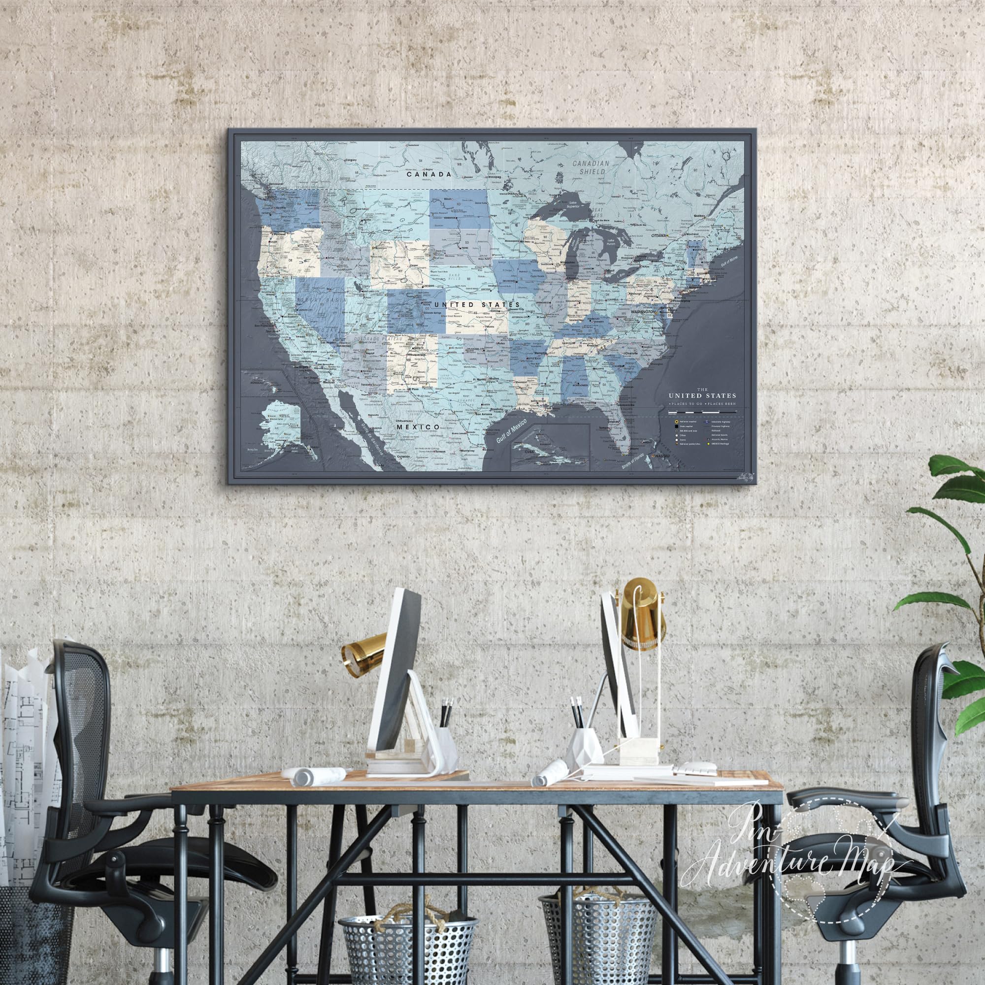 Mapa detallado de viaje de Estados Unidos con chinchetas sobre lienzo, 61 x 40 cm por Pin Adventure map (61 x 40.6 cm)