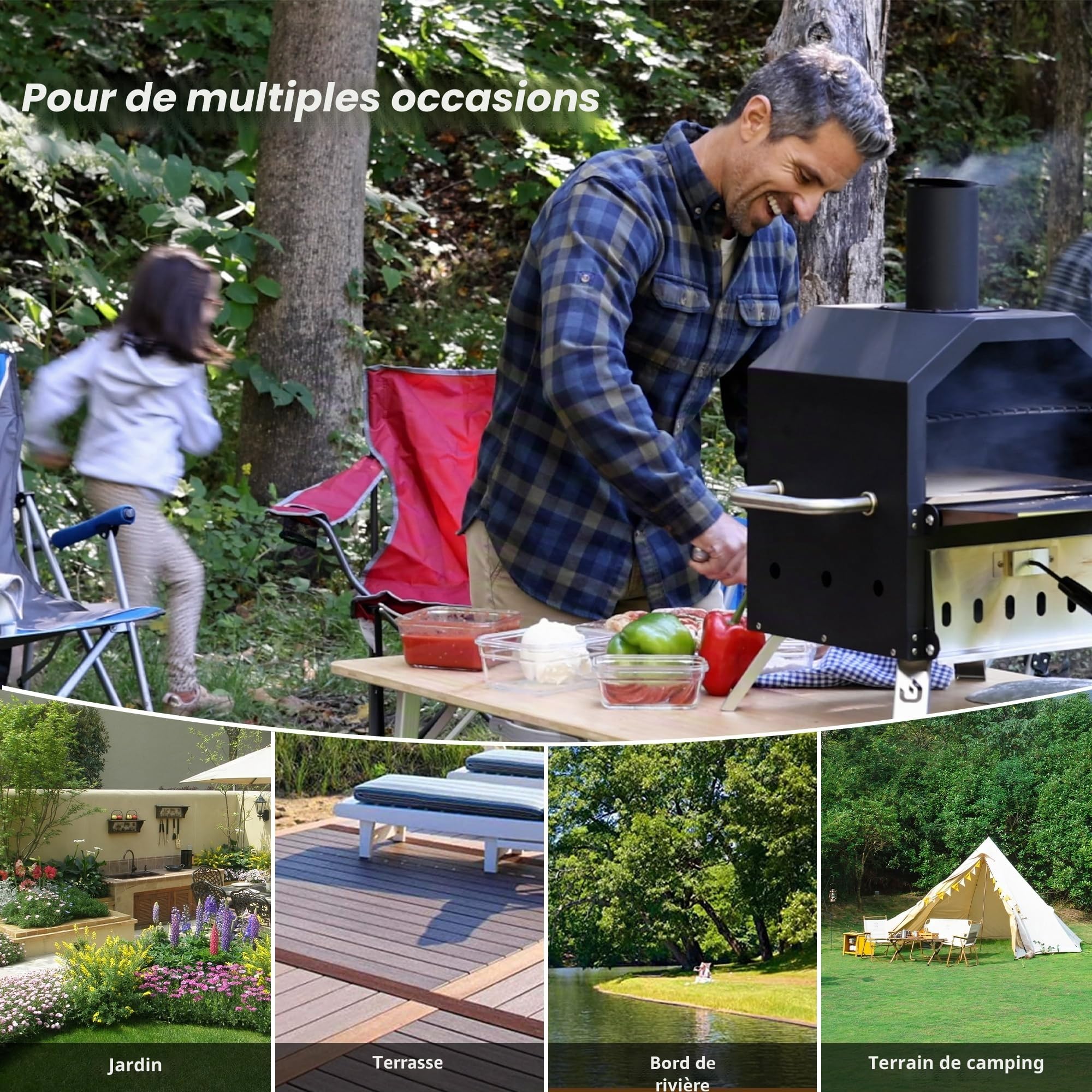 PIZZELLO Machine à pizza d'extérieur au feu de bois 2 couches avec pierre à pizza, pelle et grille – Housse imperméable et pieds pliables 66 cm