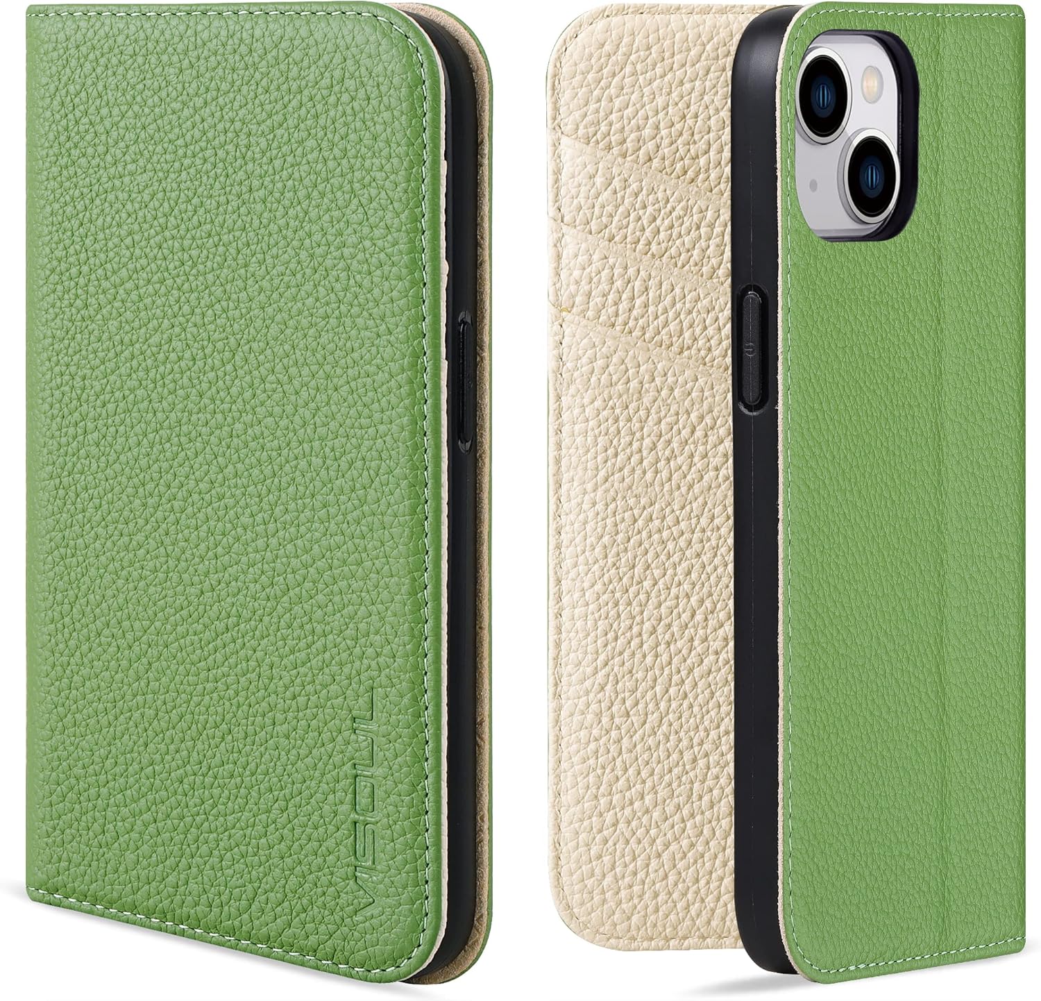 VISOUL Genuine Leather Wallet Case for iPhone 14, Pebbled Leather Magnetic Flip Folio Cover with Card Holder Kickstand Compatibe with iPhone 14 (6.1 inch)-Green+White