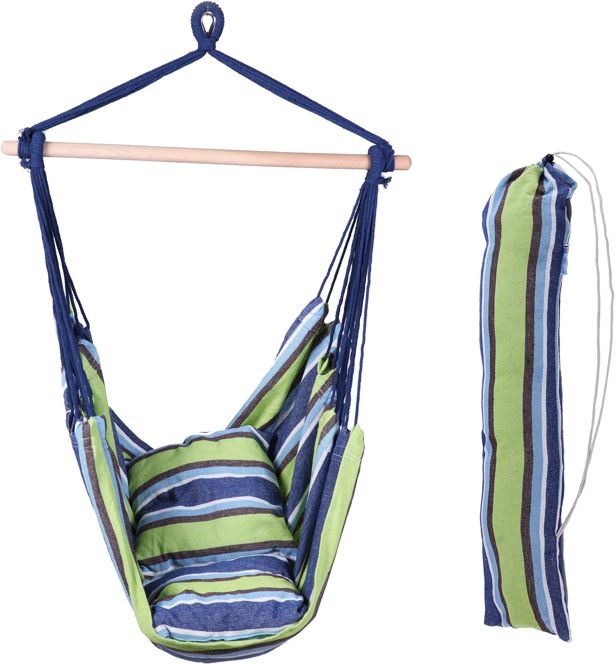 Brazilian Hammock Chair KIT - Large 51" x 40" Hammock Chair Swing - Indoor or Outdoor Use - 2 18"x18" Pillows - Storage Bag - Steel Eye Hook - Hammock Chair for Bedroom Deck Patio Tree Cottage