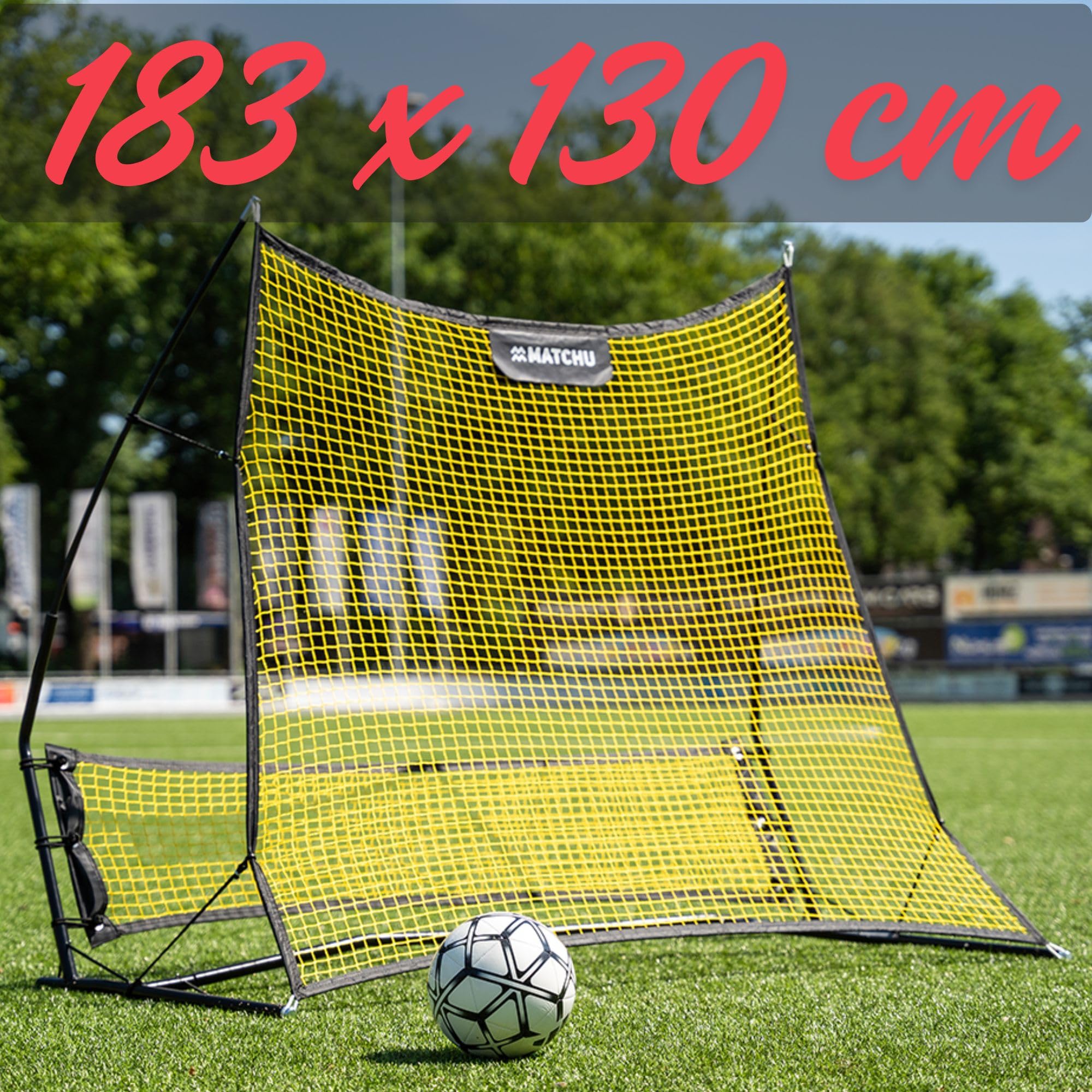 MATCHU - Filet de Rebond Football - 2en1 - INCL. Sac - 183x130cm - Kickback - Convient pour Le Football et Le Handball - Noir/Jaune