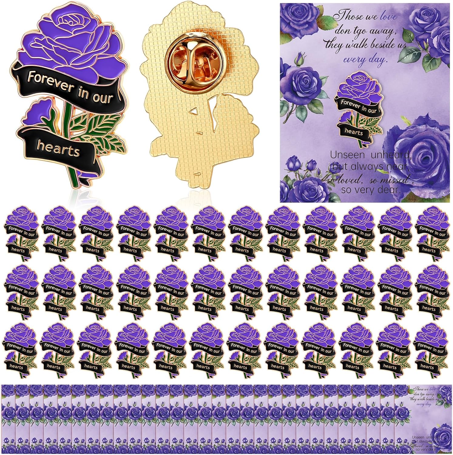 Suncalla 130 Pcs Funeral Favors for Guest Memorial Rose Pin Rose Enamel Lapel Pins with Memorial Cards Celebration of Life Gifts