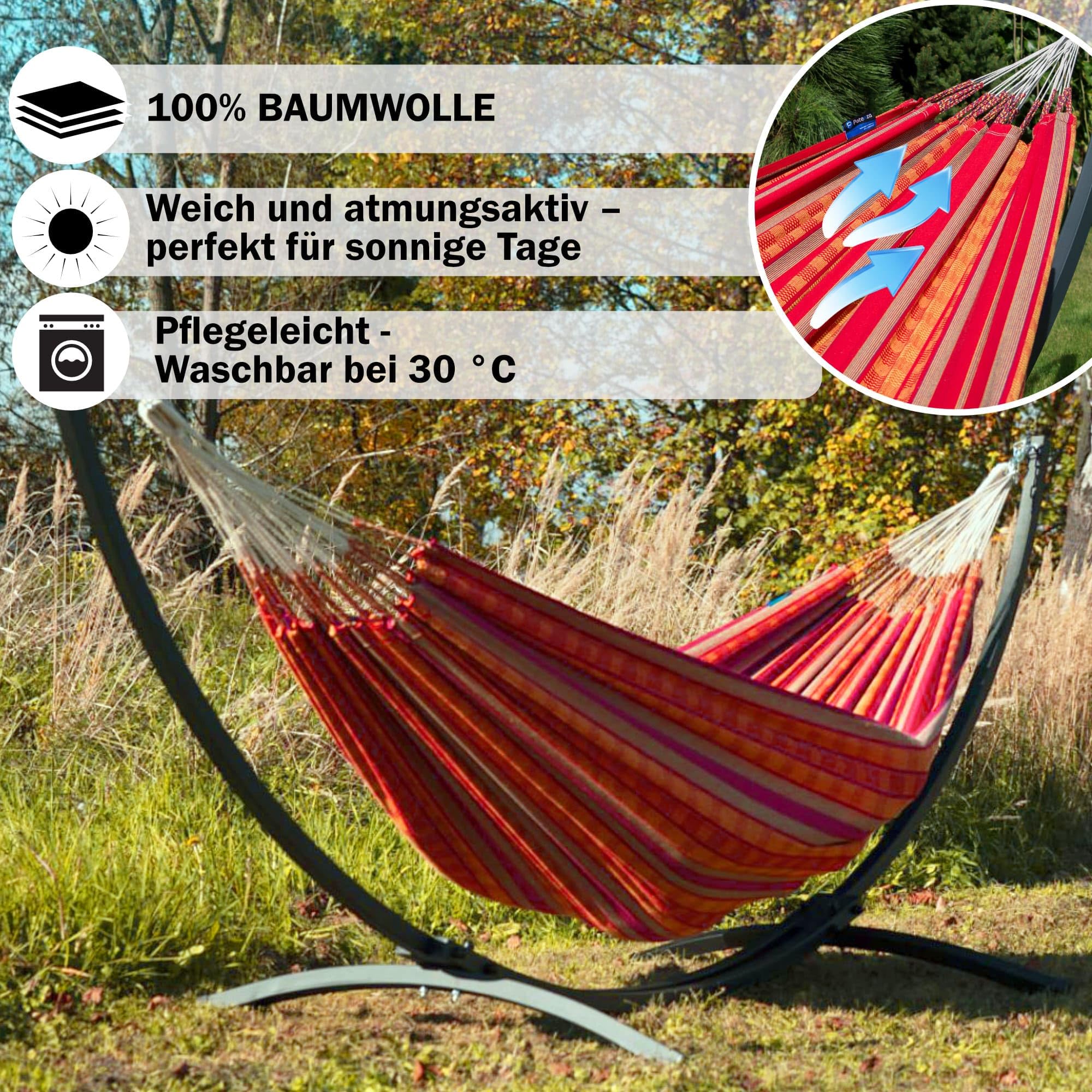 Potenza Amaca da Giardino con Supporto in Acciaio ZINCATO A CALDO – Amaca Doppia 220x140 cm, 160 kg in 100% Cotone con Struttura lunga 365 cm, Portata 220 kg, con Telaio Resistente alle Intemperie