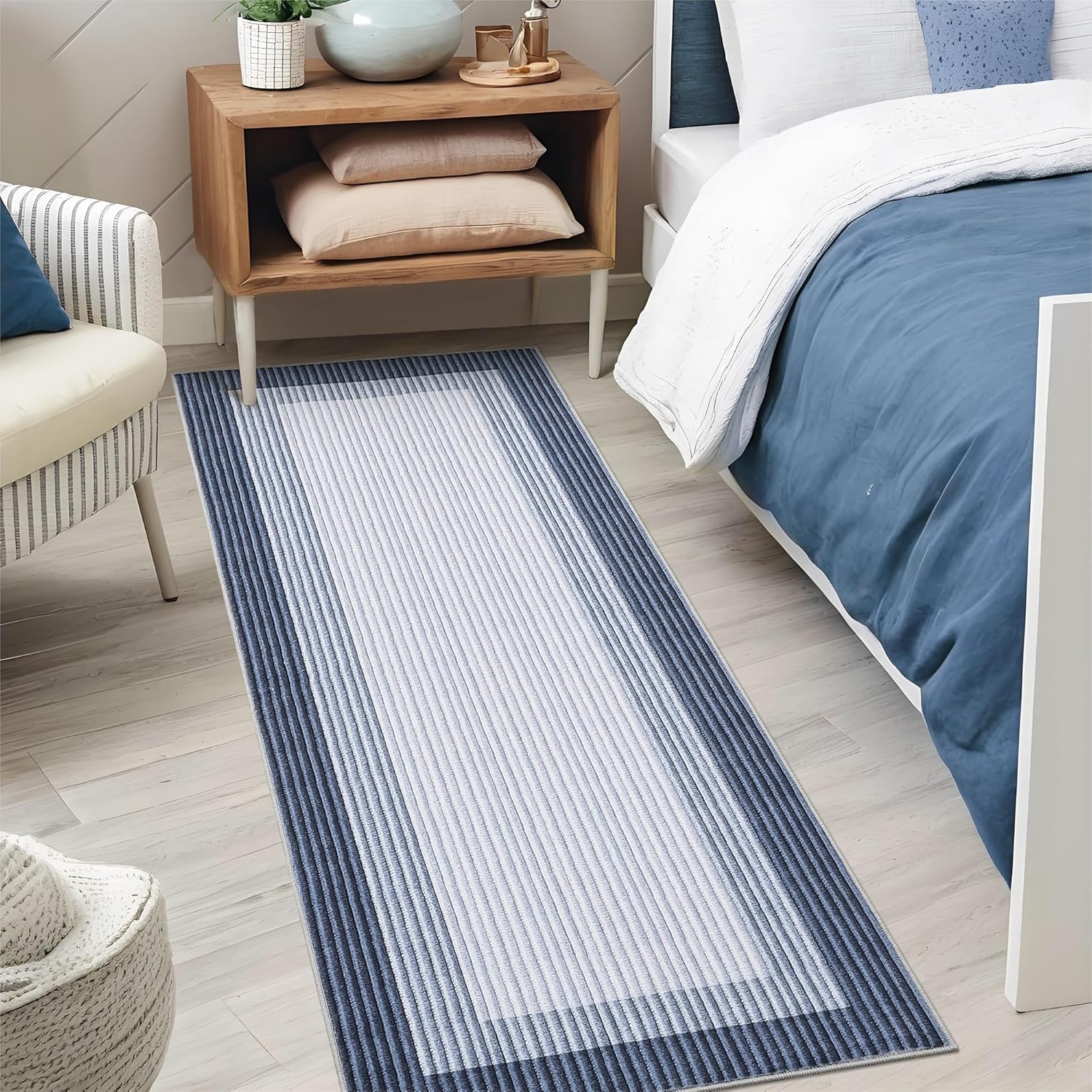 Entryway 2x6 Runner Rugs Modern Bordered Hallway Runner Rugs, Washable Kitchen Rug Stain Resistant Non-Slip Carpet Minimalist Border Bathroom Rug for Laundry 2x6 Blue