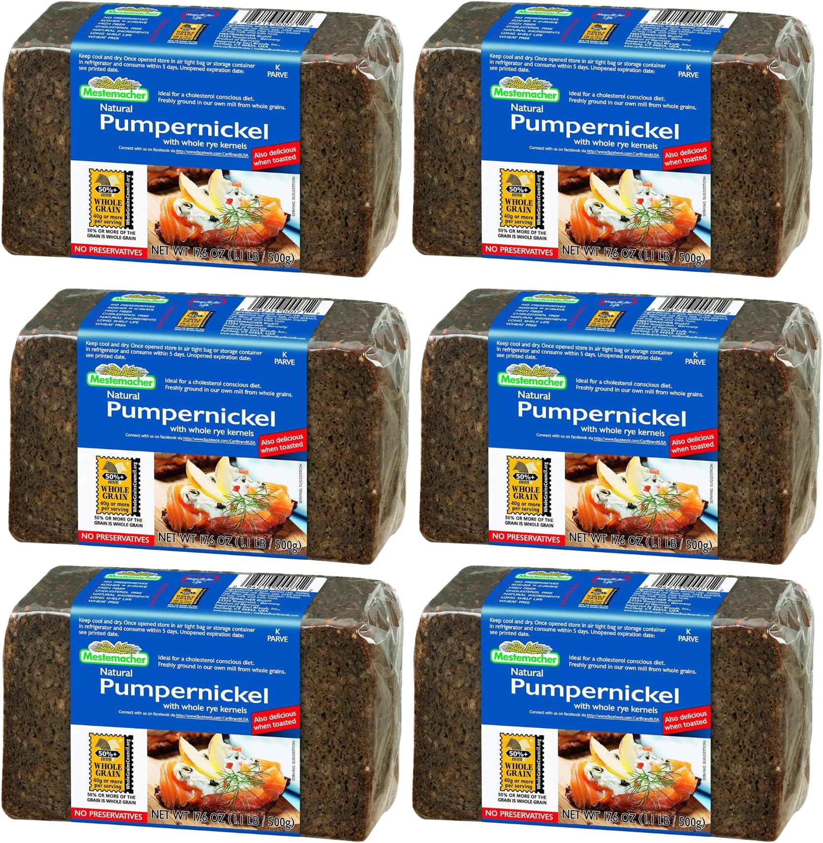 - Mestemacher Pumpernickel Bread, 17.6 Oz โ Authentic German Whole Rye Pumpernickel Bread, Dense European Bread, High Fiber, Non-GMO, Ready to Eat, Long Shelf Life (Pack of 6)