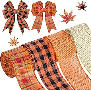 26.4 Yards Fall Ribbon, 2" Halloween Ribbon for Crafts Wreaths Bows, Orange Black Buffalo Plaid Burlap Ribbon, Wired Ribbo...