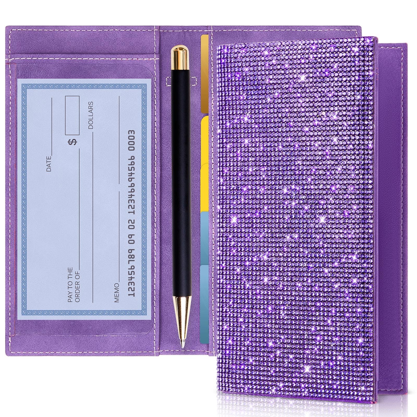 Rhinestone Checkbook Cover for Women, Rfid Blocking PU Wallet Purple