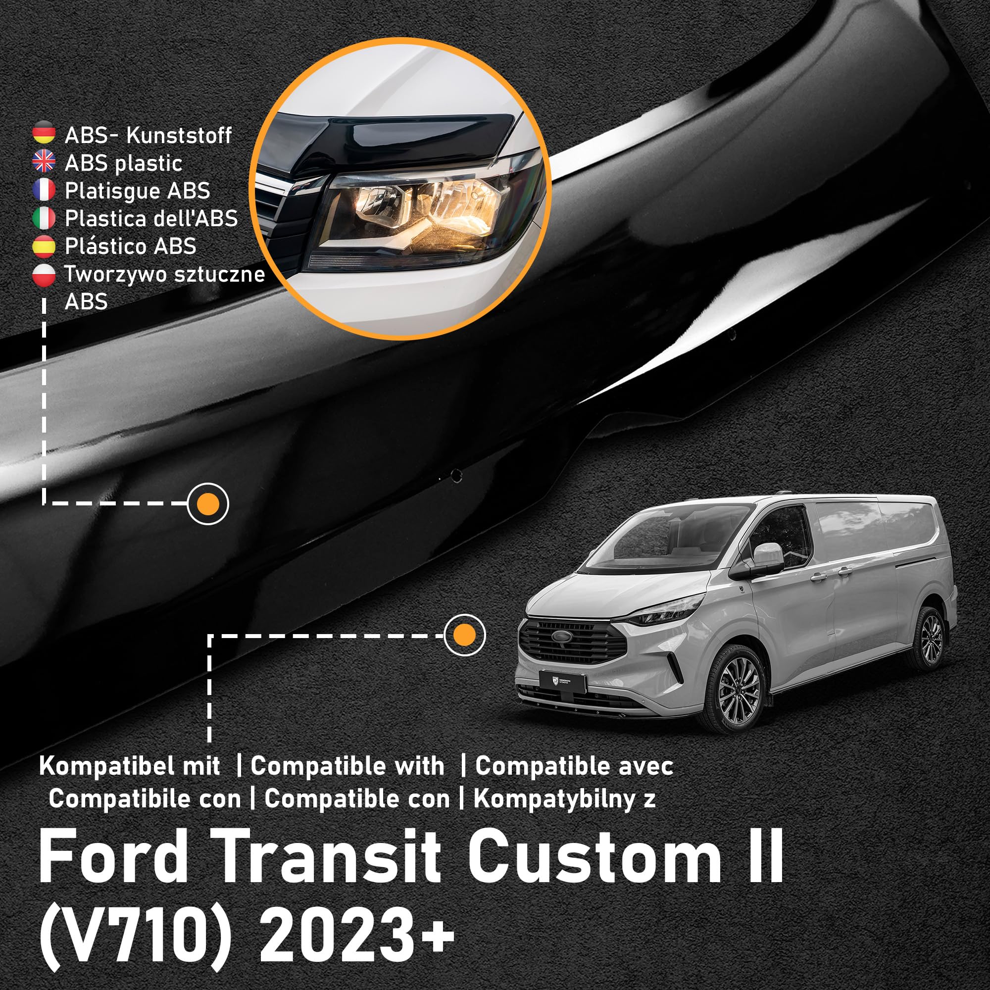CHROMEMASTER Accessoires ; Protection Contre les Gravillons ; Protège-capot Compatible Ford Transit Custom 2023+ ABS, Brillant, Noir ; Le Déflecteur de Capot Protège Contre les Projections de Graviers