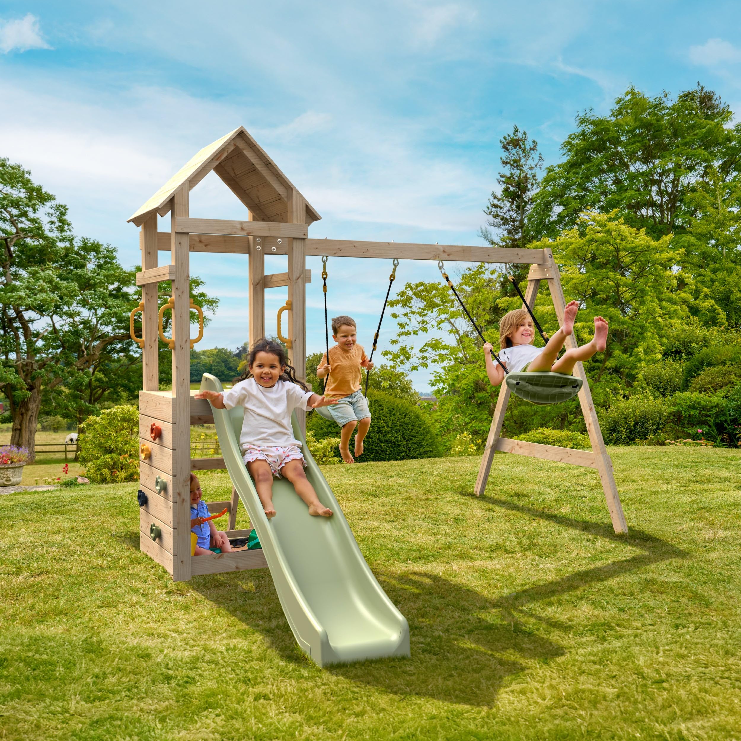 Aire de Jeux GESSETTE avec Toit - Plateforme - échelle - Mur d'escalade - 2 balançoires - Toboggan h210 cm