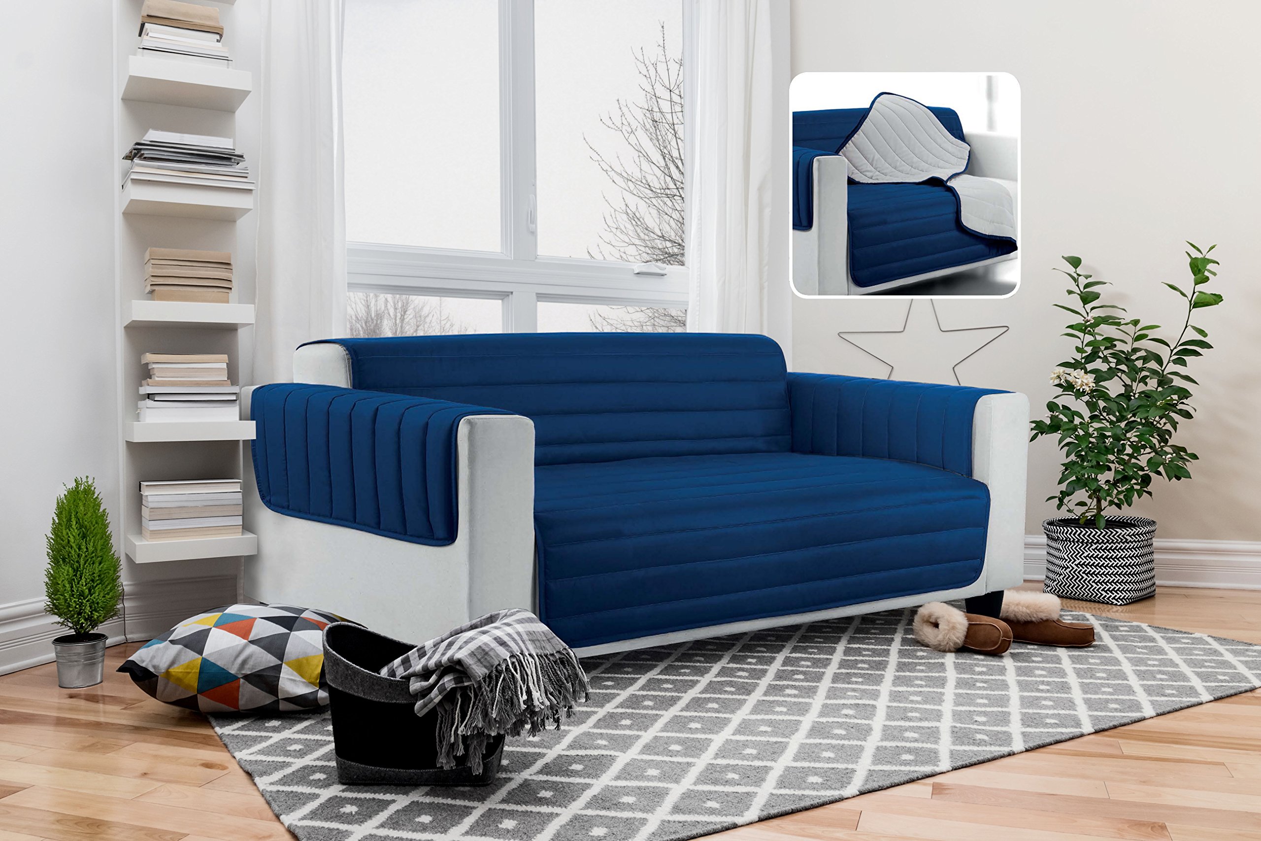 Italian Bed Linen Elegant Copri Divano Trapuntato in Microfibra Anallergica, Doubleface, Blu Scuro/Grigio Chiaro, 2 Posti