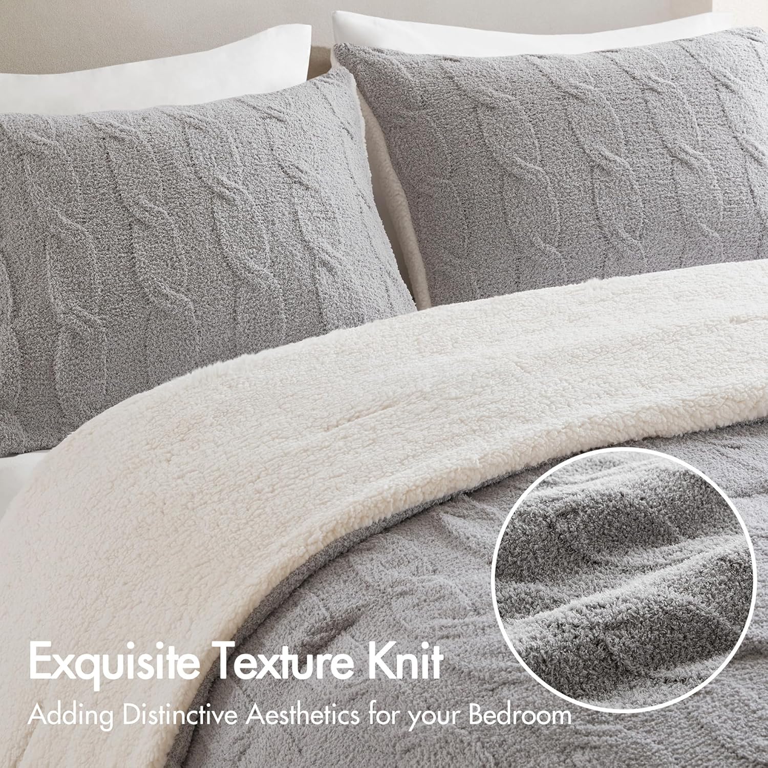 madison park ellis cable knit comforter set – soft fluffy chenille with sherpa reverse, cozy sweater-inspired texture, oeko-tex certified, king,grey gray king/cal king