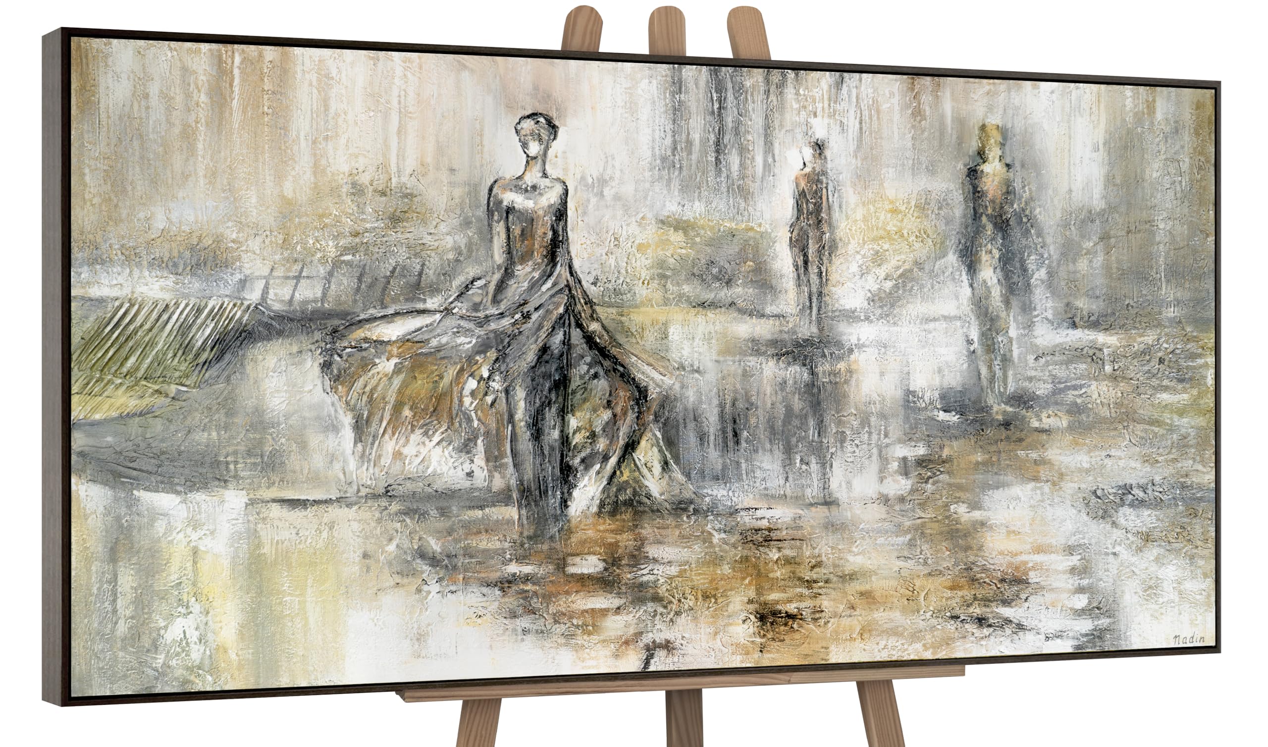 YS-Art Original Handmade Painting – Abstract Figures in Grey, Beige, and Gold, Elegant Artwork on Canvas, Framed Modern Art for Bedroom Living Room Decor 48x24 inch