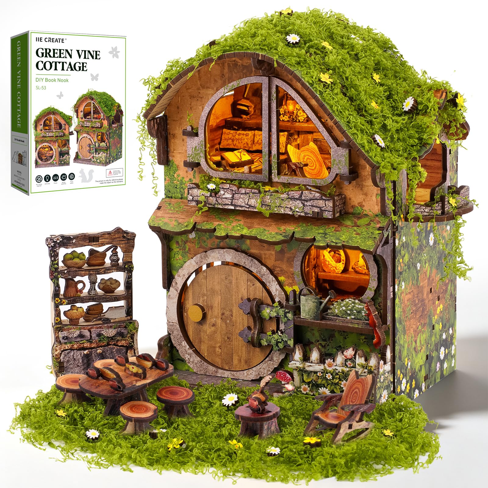 Goody King DIY Book Nook Kit – 223Pcs Green Vines Cottage with Warm LED. 3D Wooden Puzzle, Mini Bookshelf Scene Craft for Teens & Adults Unique Home Decor, Christmas Birthday Gift for Book Lovers