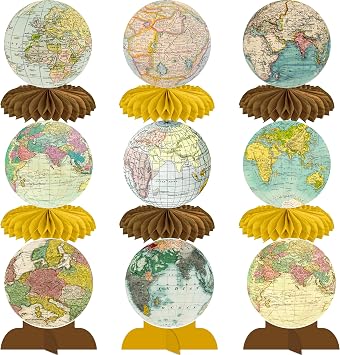 Vintage Globe World Map Honeycomb Centerpieces Travel Party Decorations for Table Earth Globe Theme Centerpieces for Travel Around The World Birthday Party Baby Shower Supplies