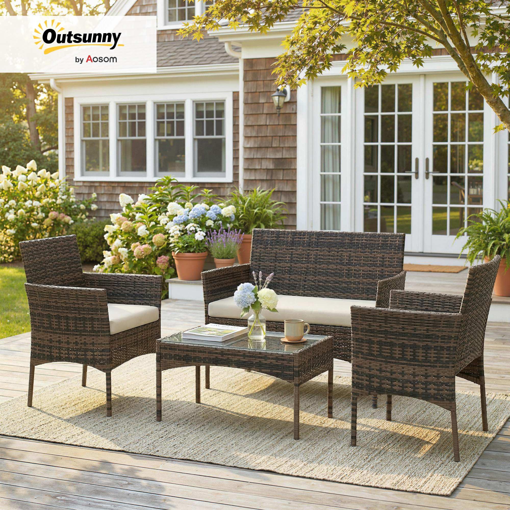 Outsunny Salon de Jardin extérieur 4 Personnes, Salon de Balcon en résine tressée avec canapés et Table Basse en Verre trempé, Coussins déhoussables Inclus, pour Patio Balcon terrasse, Beige