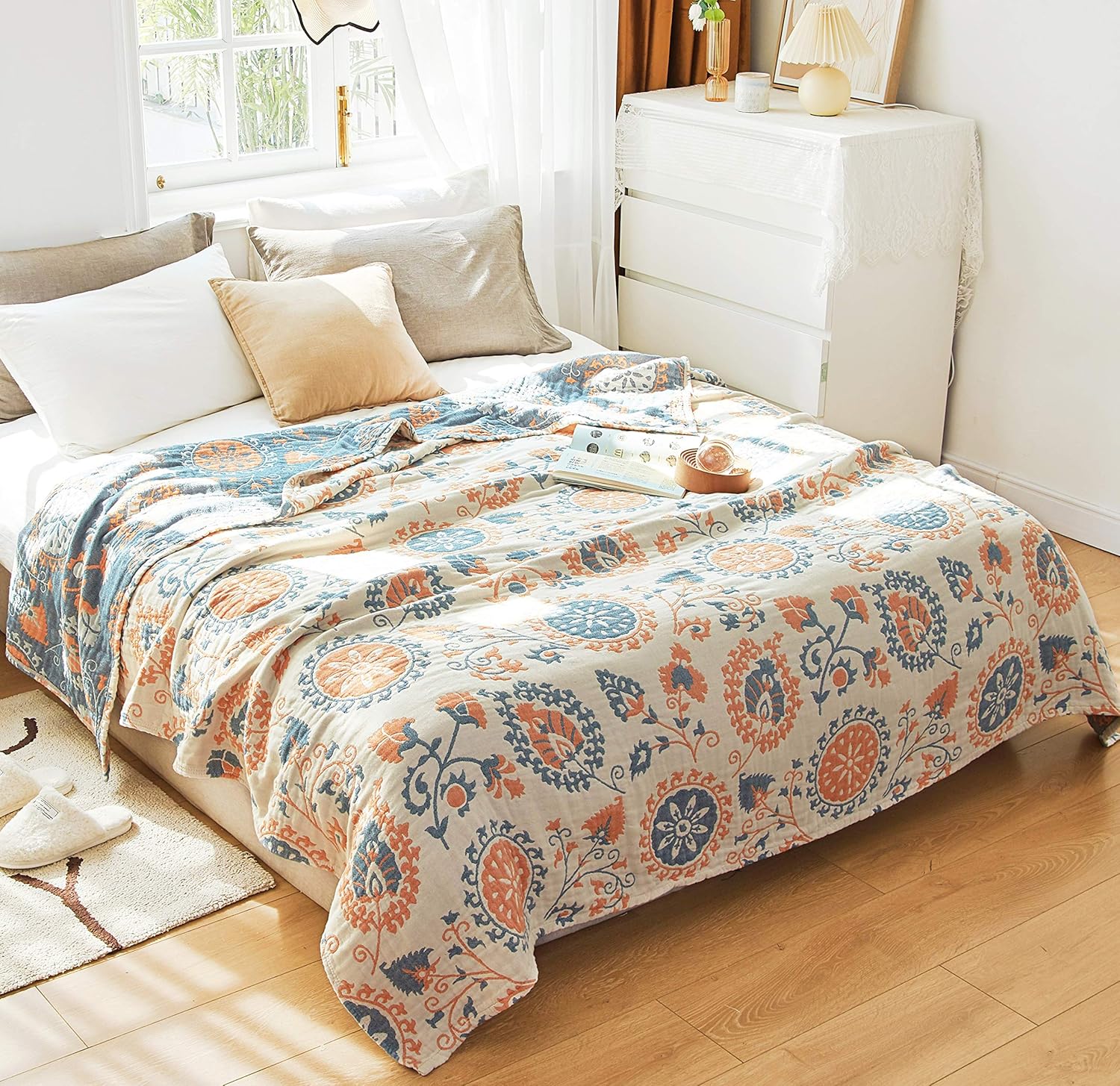 Scientific Sleep Floral Boho Mandala Datura Flower Bohemia Reversible 100% Cotton Muslin Blanket Throw Cover for Bed Couch Sofa Cozy Soft Lightweight Warm Quilt Bedspread Coverlet Twin 60 in x 80 in - Image 2