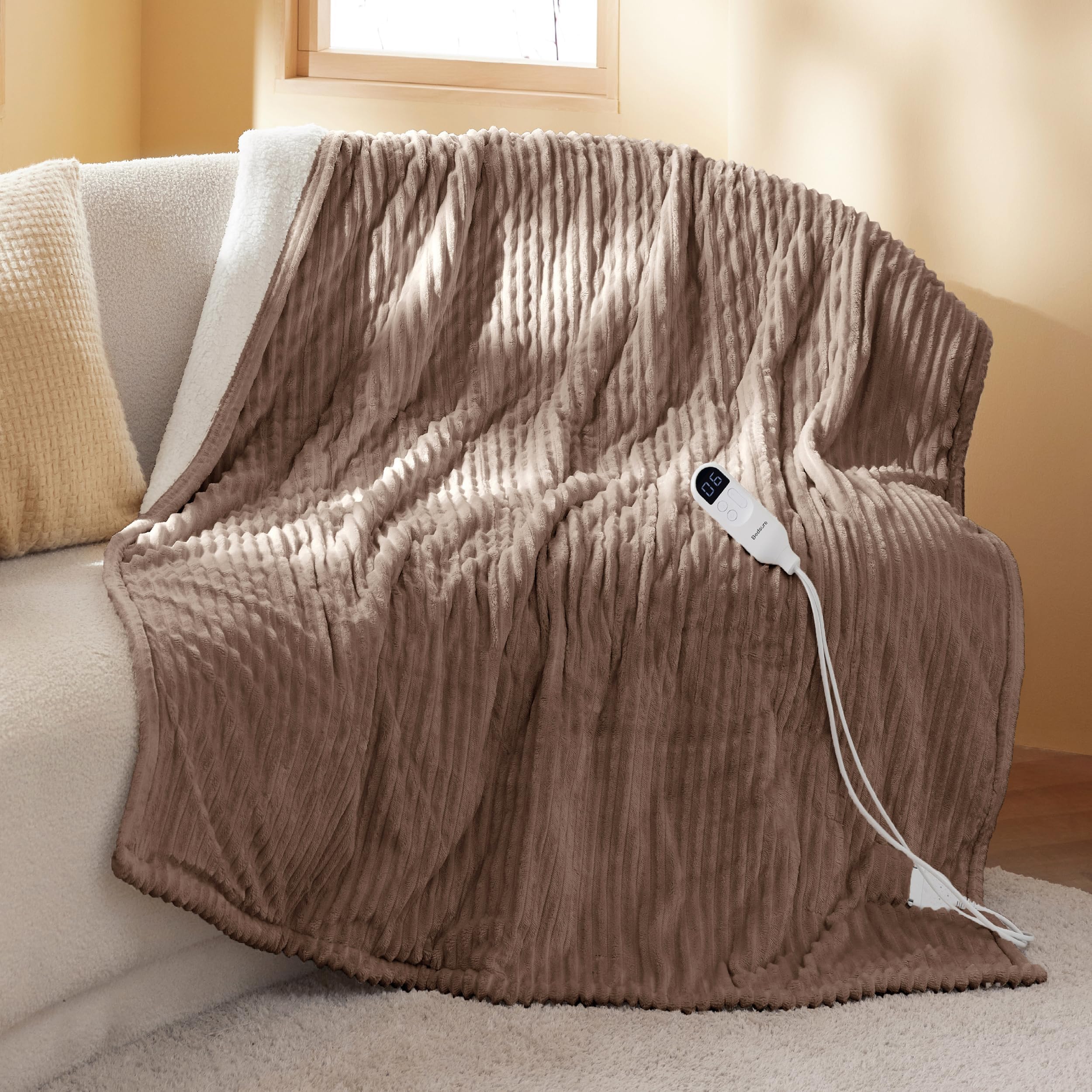 GentleSoft Heated Blanket Throw - Soft Ribbed Flannel Electric Blanket, Heating with 4 Time Settings, 6 Heat Settings, and 3 hrs Timer Auto Shut Off, Gifts for Grandma (50x60 inches, Brown)