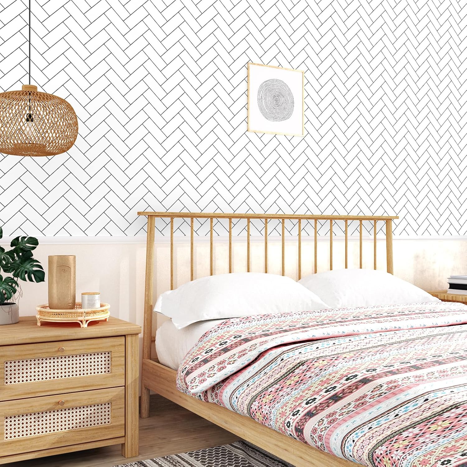 Herringbone Black and White Peel and Stick Wallpaper Kitchen Backsplash Boho Contact Paper for Cabinets Geometric Tile Stickers Stick on Wall Paper Tiles Removable Wallpaper 17.5"x102"