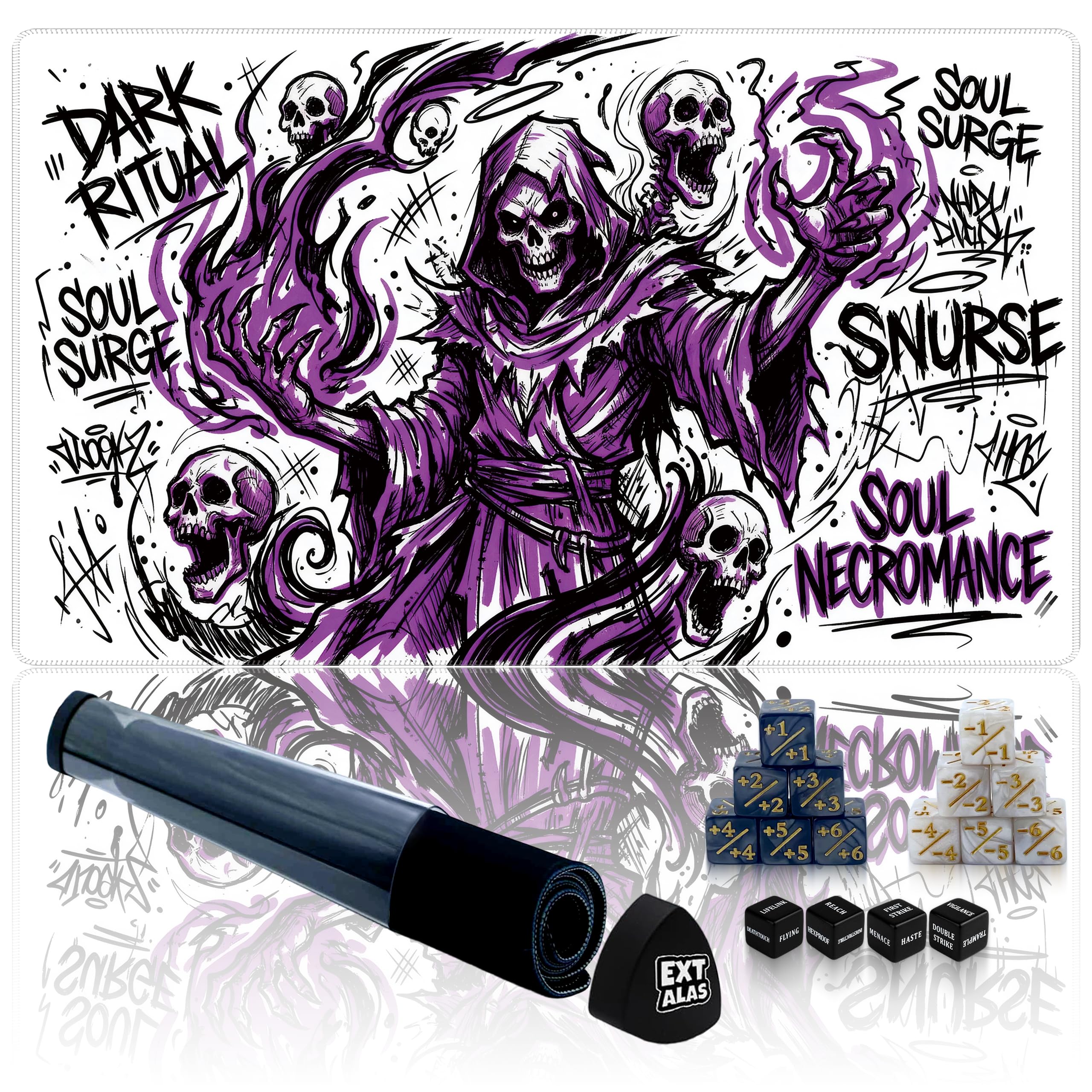 Extalas TCG Playmat -Includes Storage Tube and 7 Dice-Experience Top-Tier Quality and Edge-Locking Waterproof and Non-Slip Mat! (playmat with Zones, Street Art Necromancer)