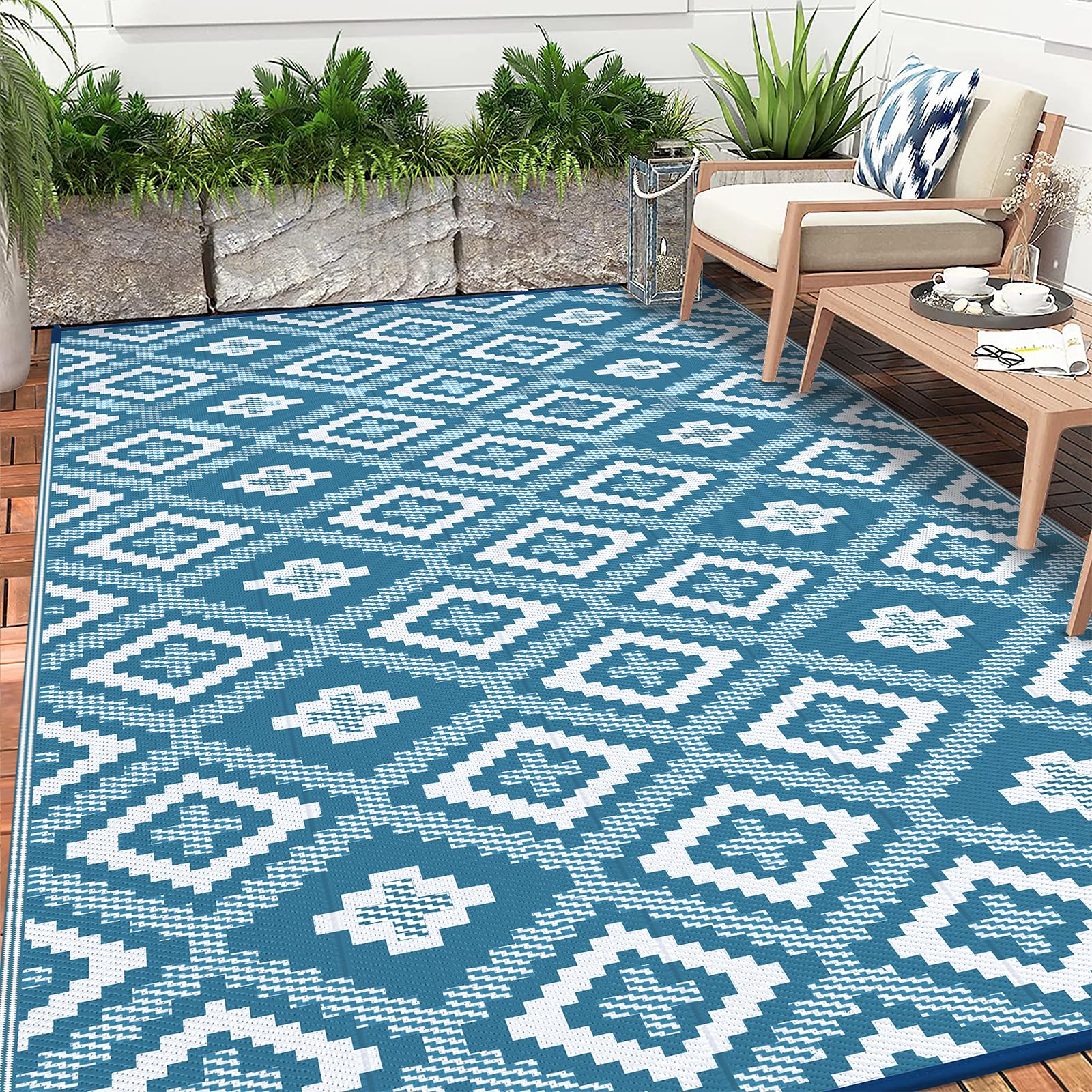 Enyhom Waterproof Outdoor Rug Large, Reversible Plastic Straw Garden Mat, UV Resistant Foldable Patio Carpet for Camping Balcony Backyard Deck,240 x 300 cm, Teal Blue — image 1