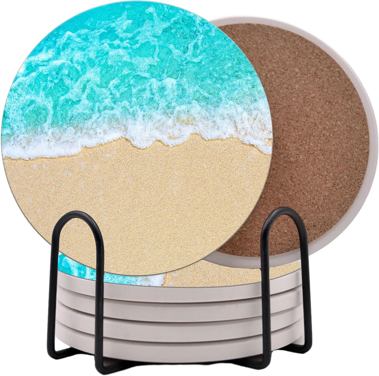 Ocean Coastal Theme Round Coasters Set of 6 - Abosrbent Ceramic Coasters with Metal Stand for Drinks, Beer, Coffee, Non-Slip Cork Back for Tabletop Protection, 4 Inches (Beach)