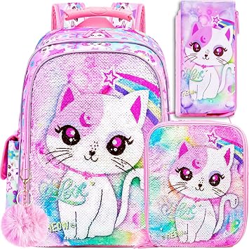 UFNDC 3PCS Girls Backpack, 16Kids Cat Sequin Bookbag with Lunch Box, Water Resistant School Bag for Elementary Preschool Toddler