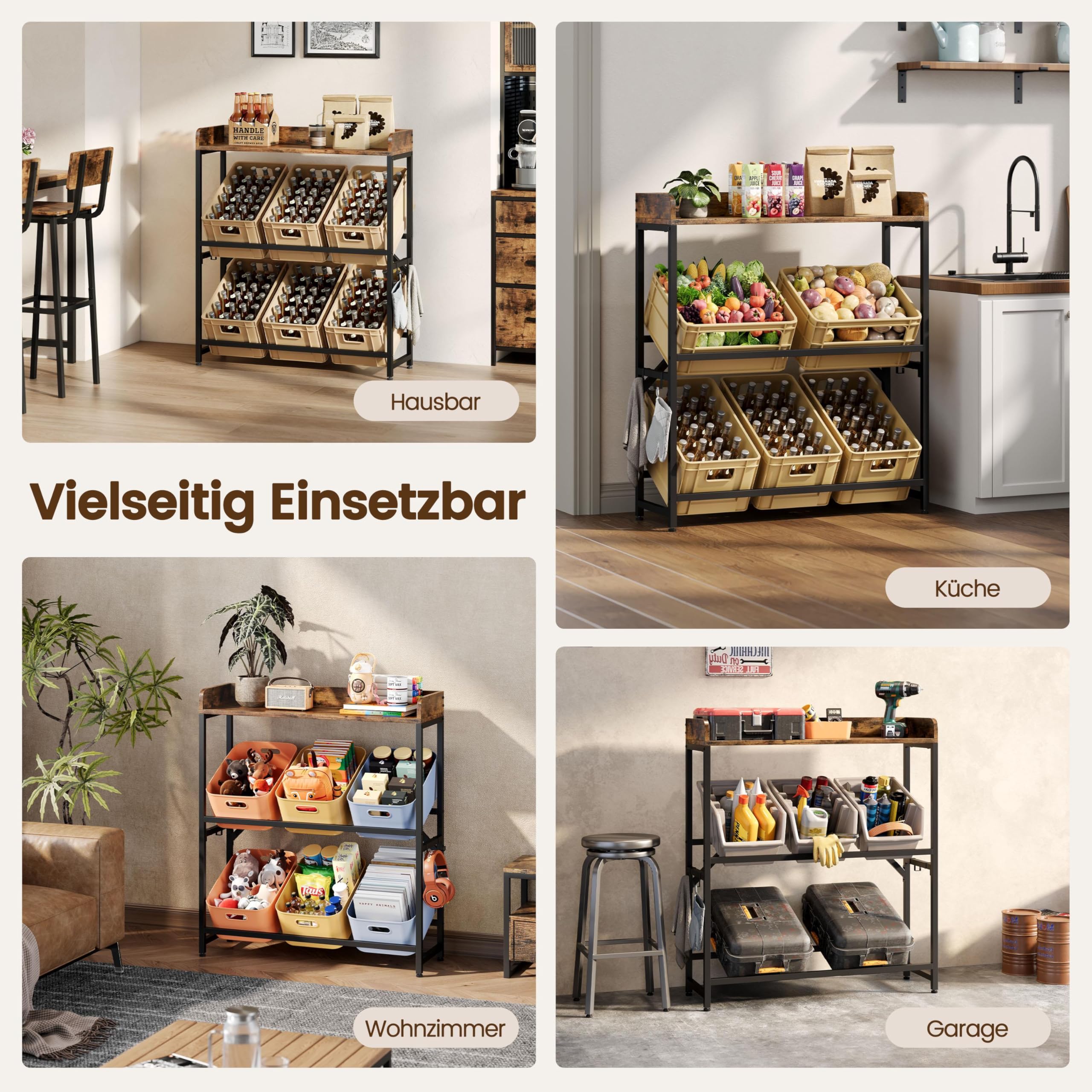 Yaheetech 3-Stufiges Bierkistenregal mit Ablageplatte&4 Seitlichen,Braun | Rustikal-Braun,Landhaus,6 Kisten Kapazität, für Wohnzimmer/Küche/Esszimmer/Garage,Kistenregal,Landhaus-&Industrial-Design
