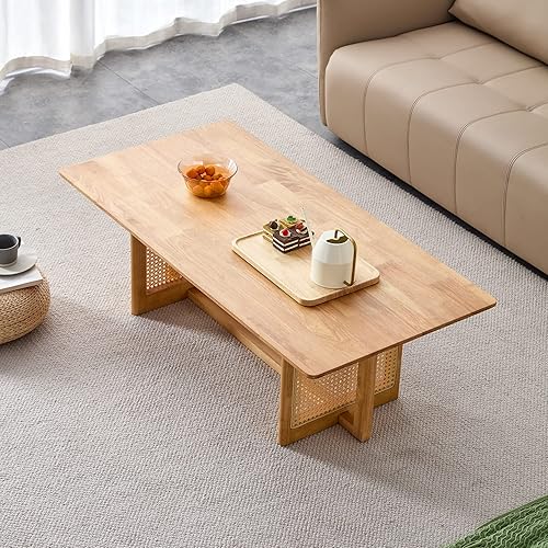 Miniatura 4 de Pvillez Mesa de centro de estilo chino, mesa de centro rectangular de madera maciza de ratán sintético estilo tronco, mesa de centro moderna de