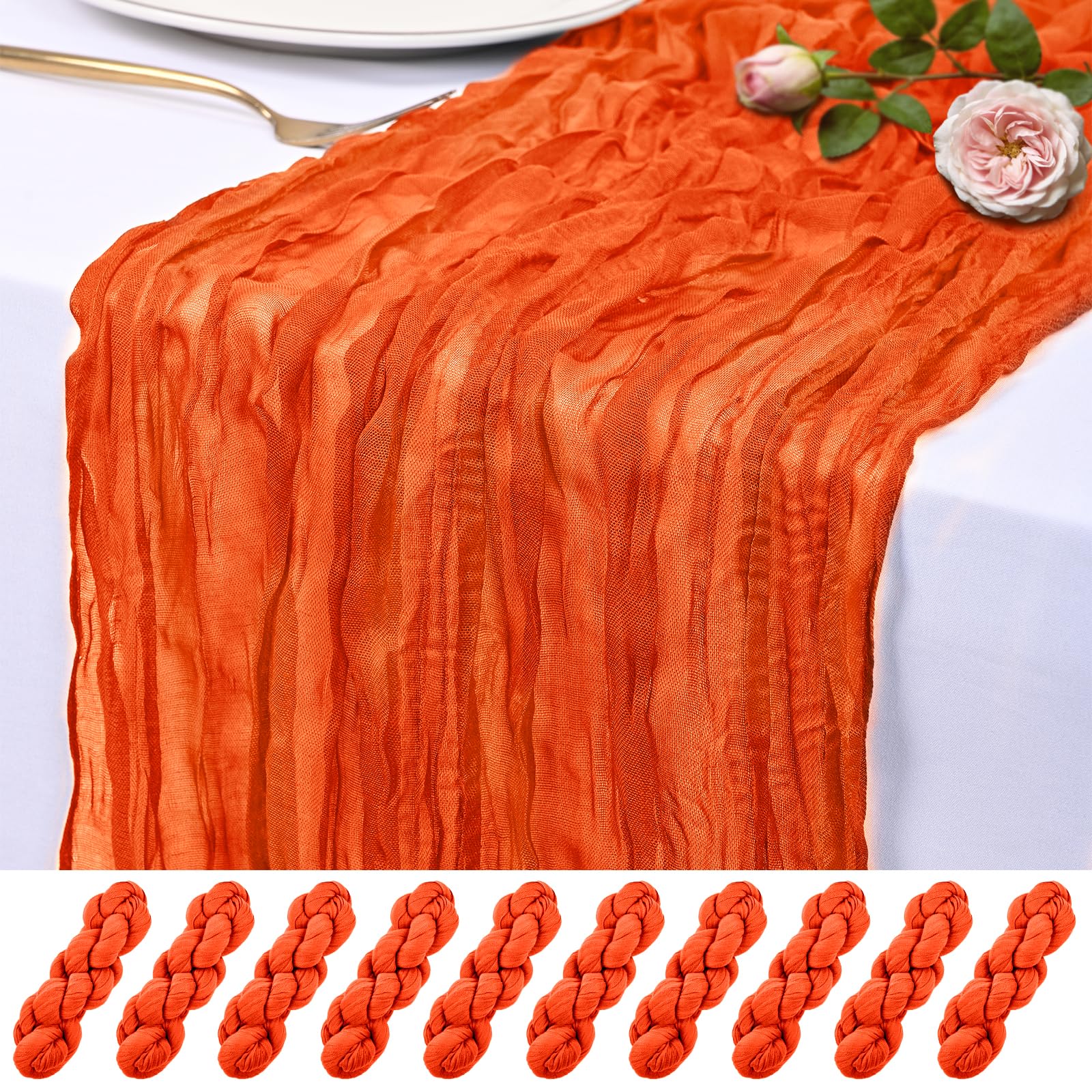 Photo 1 of 10 Pack Orange Cheesecloth Table Runner 17x108 Inch Semi Sheer Boho Rustic Gauze Cheese Cloth Table Runners for Wedding Party Birthday Baby Shower Home Décor