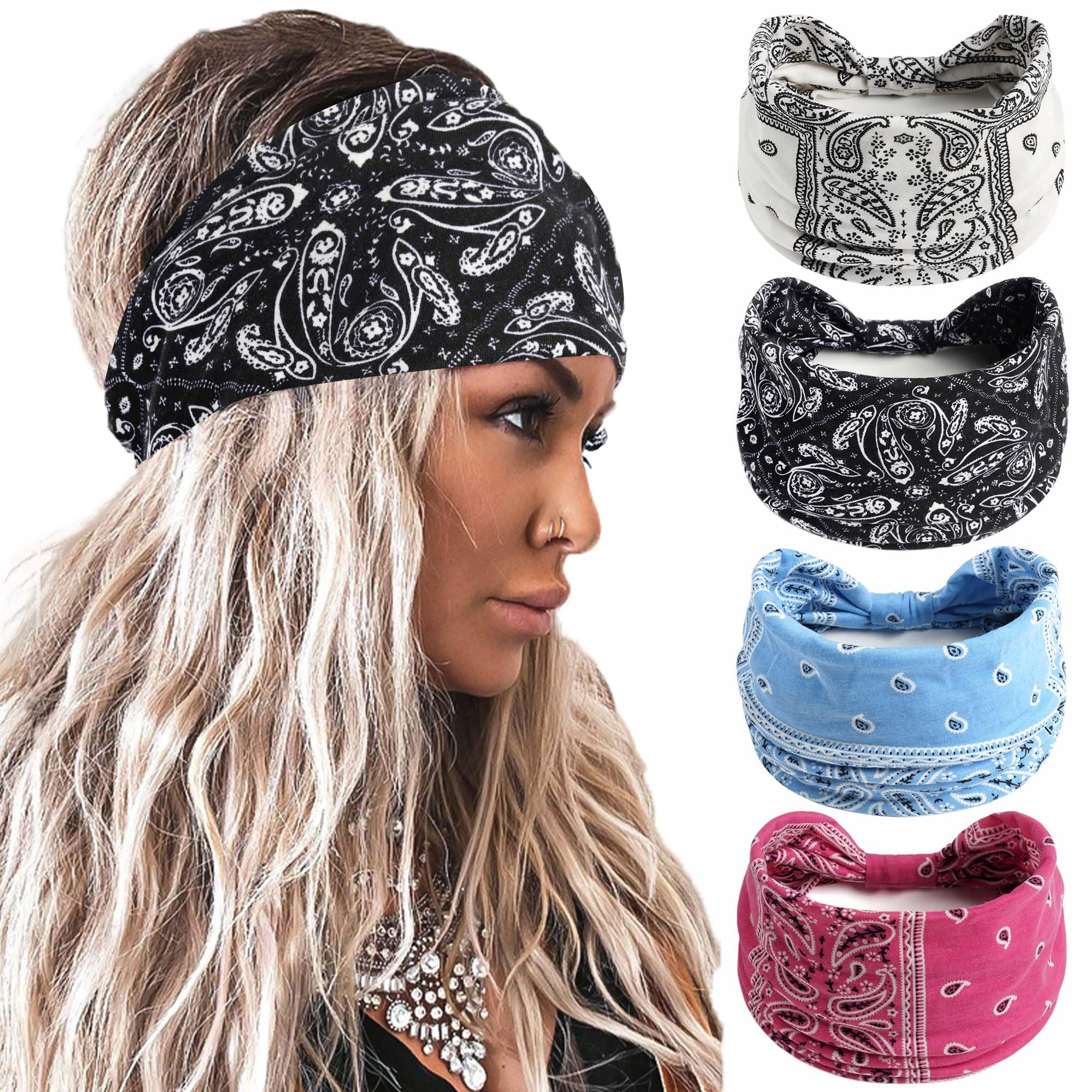 STGDAK Wide Headbands Paisley Print Boho Headbands Stretchy Hair Wraps Knotted Hair Bandana Non Slip Turban Hairband Workout Yoga Bandana African