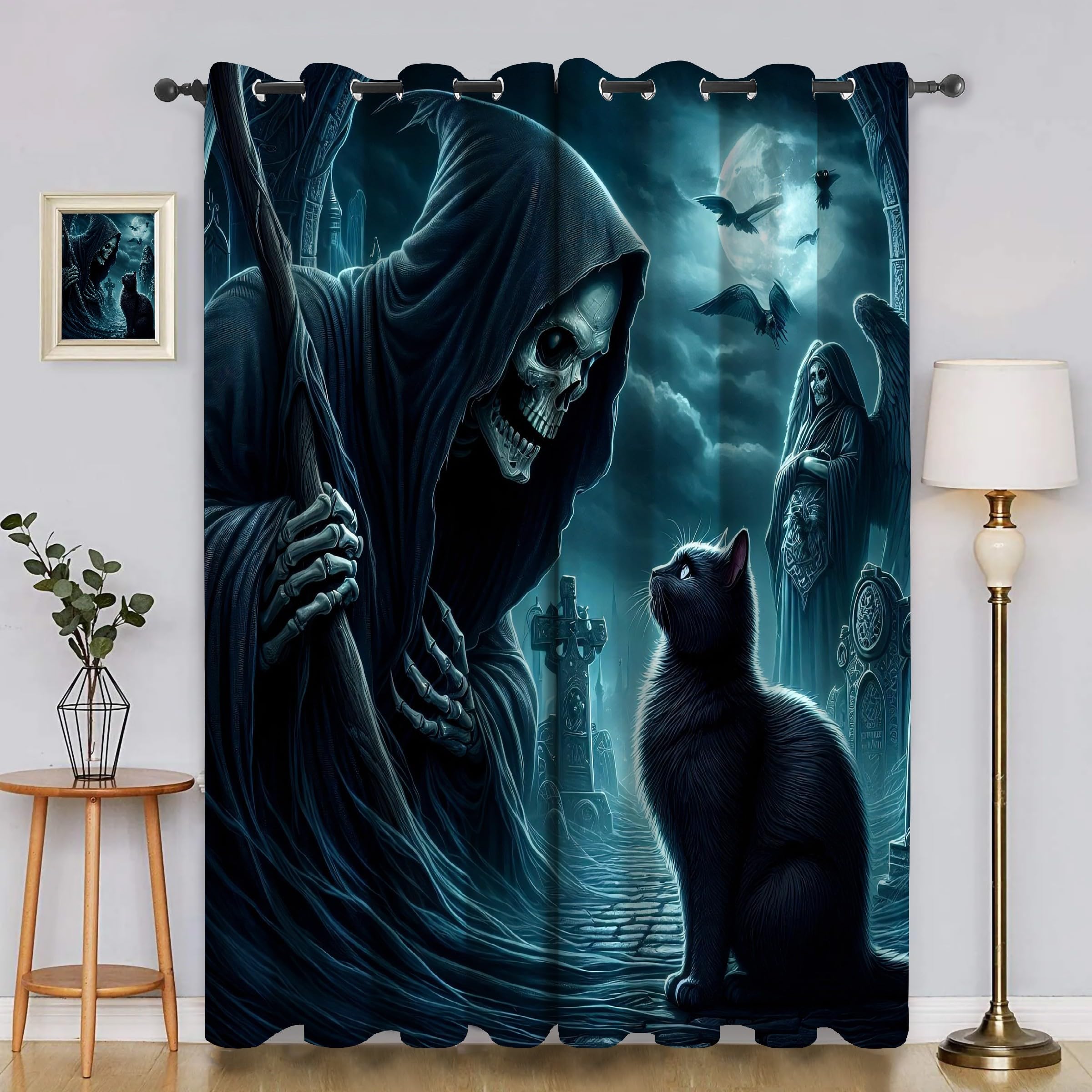 Genérico Zasłony dekoracyjne Czarny kot ze szkieletem - termiczne nieprzezroczyste 2 sztuki 140x145cm, izolowane zimno/ciepło do salonu i sypialni z pierścieniami AJ1359