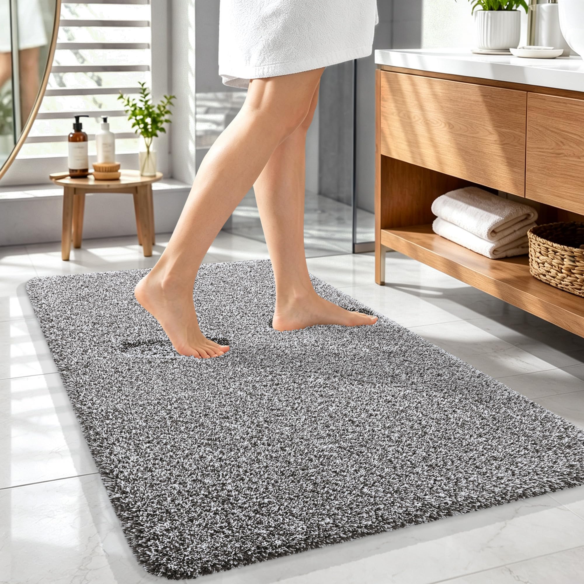 OLANLY Microfiber Bathroom Rugs 44x32, Quick Dry Mat, Dark Brown and White