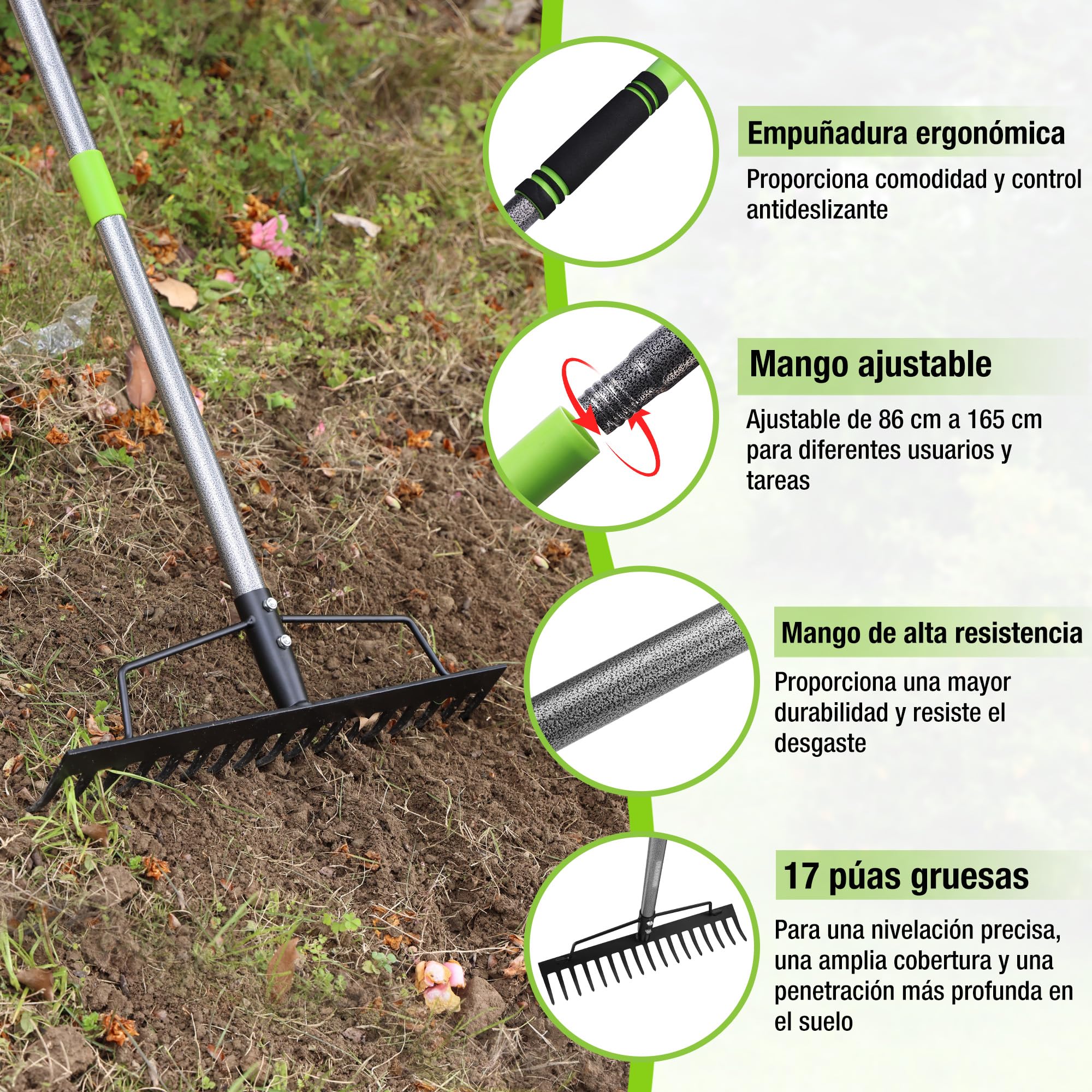 WORKPRO Rastrillo de Jardín Heavy Duty 165 cm, Rastrillo Metálico de 17 Dientes con Mango Ajustable para Aflojar Tierra, Recoger Hojas y Nivelar Césped