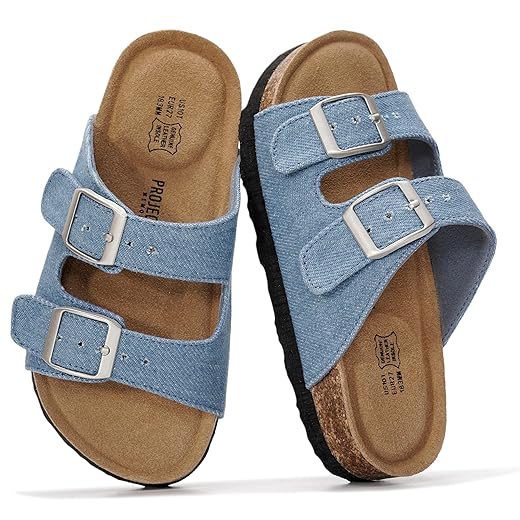 Project Cloud 100% Genuine Leather Kids Sandals - Natural Cork Footbed Non-Slip Slides for Kids - Lightweight Boys & Girls Sandals - Water-Resistant Girls & Boys Sandals