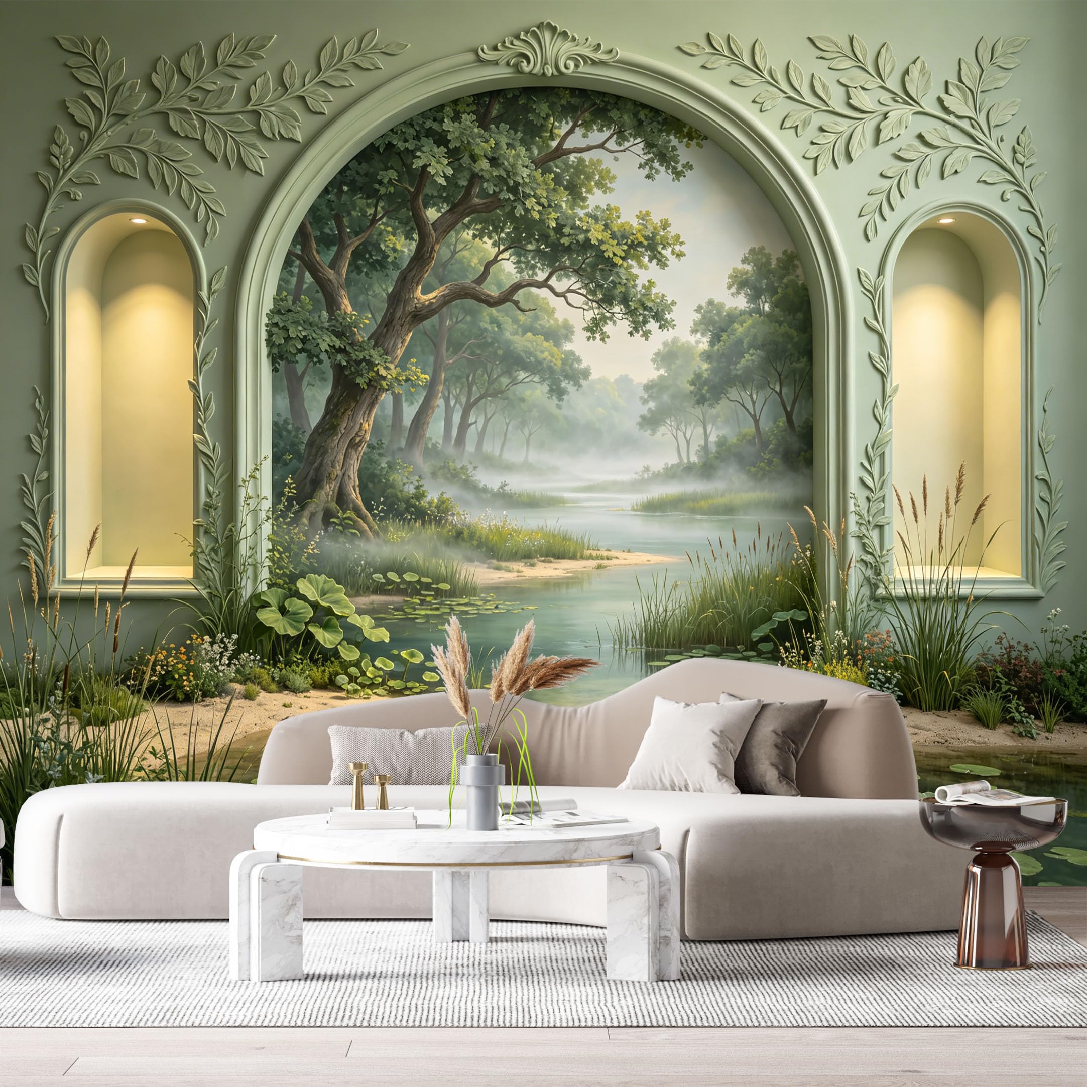 Custom Size Wall Murals Neoclassical Archway Forest Lake Landscape 3D Trompe L'Oeil SelfAdhesiveWall Fabric Removable Wallpaper Wall Decor for Living Room Bedroom Bathroom