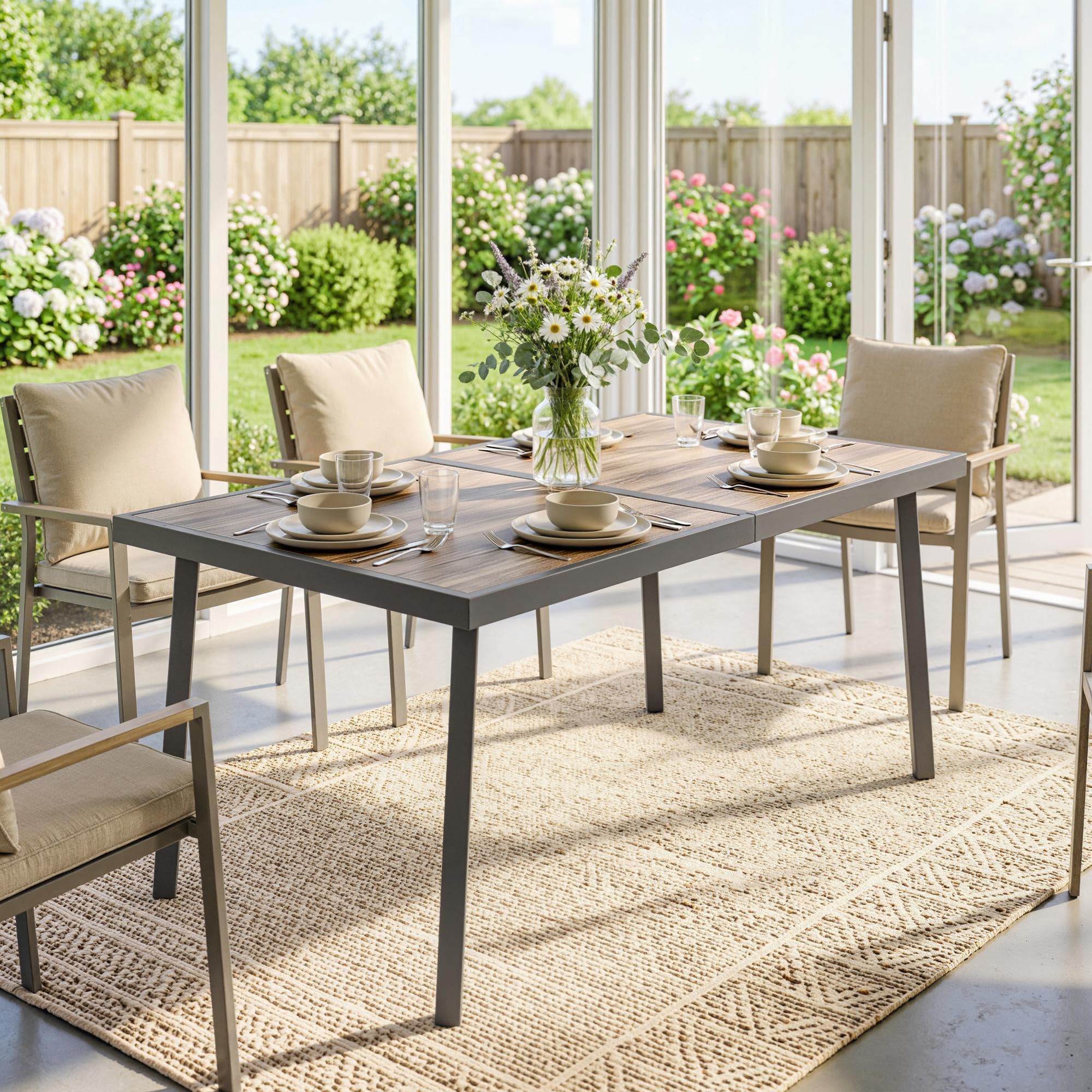 Outsunny Tavolo da Giardino Effetto Legno 145x85 cm per 6 Persone Grigio | Piano in Plastica, Tavola da Pranzo da Esterno Rettangolare, Gambe in Acciaio, per Patio, Terrazzo, Balcone