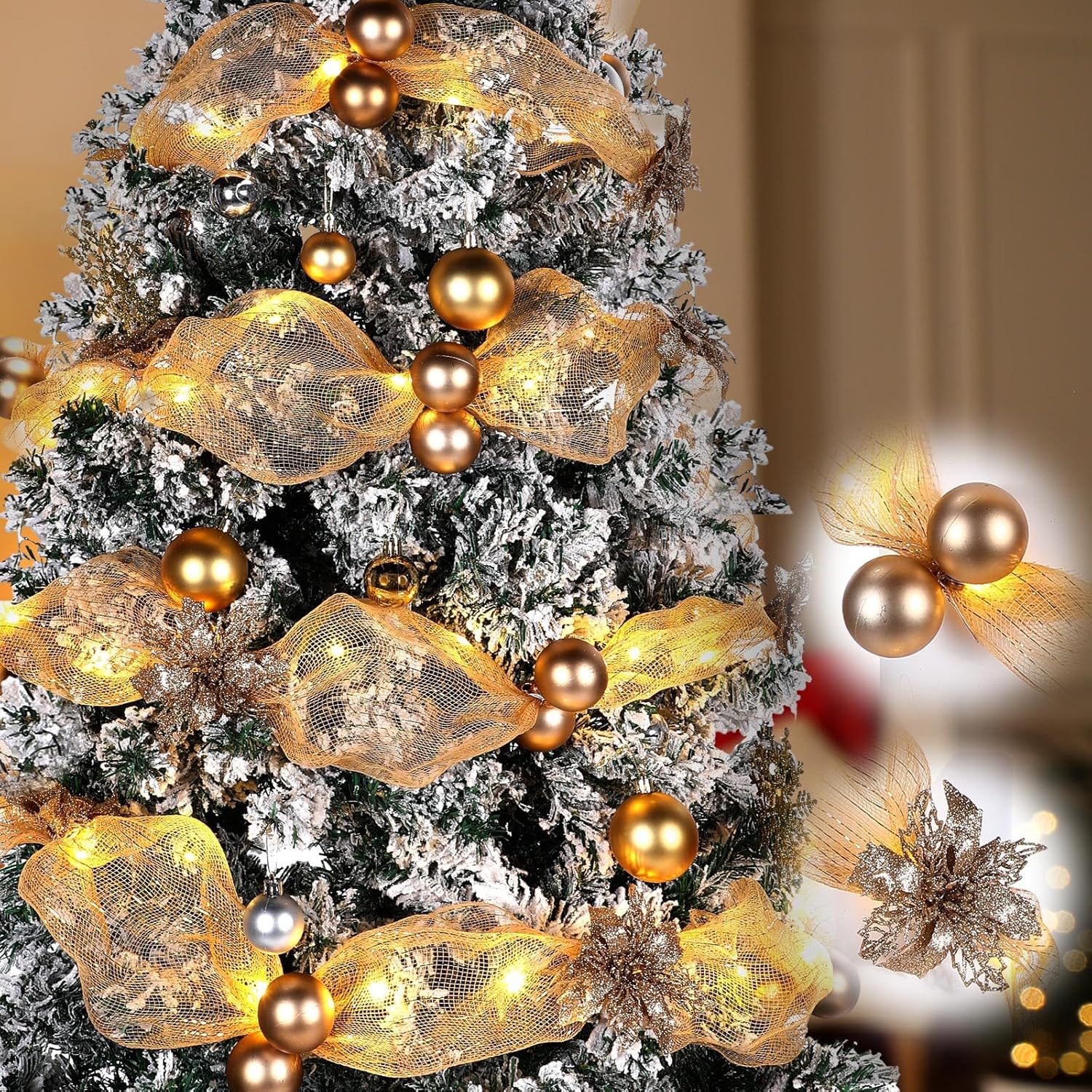 Hollowfly 16.4 ft Christmas Tree Ribbon Garland Mesh with Lights Decor Mesh Christmas Ball Garland Poinsettia Flower Hanging Ornament for Mantle Front Door Xmas Decoration(Champagne Gold)