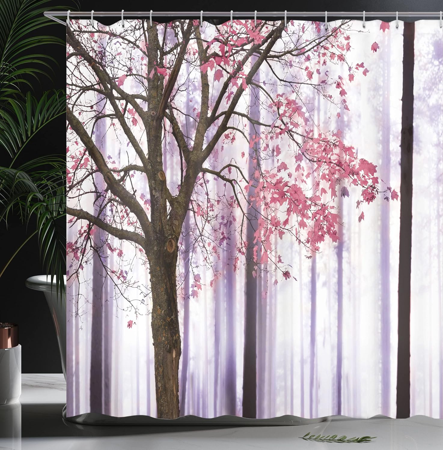 Ambesonne Autumn Shower Curtain, Picture of a Lonely Tree Leaves on an Abstract Woodland Background Print, Cloth Fabric Bathroom Decor Set with Hooks, 69" W x 84" L, Lilac Pink