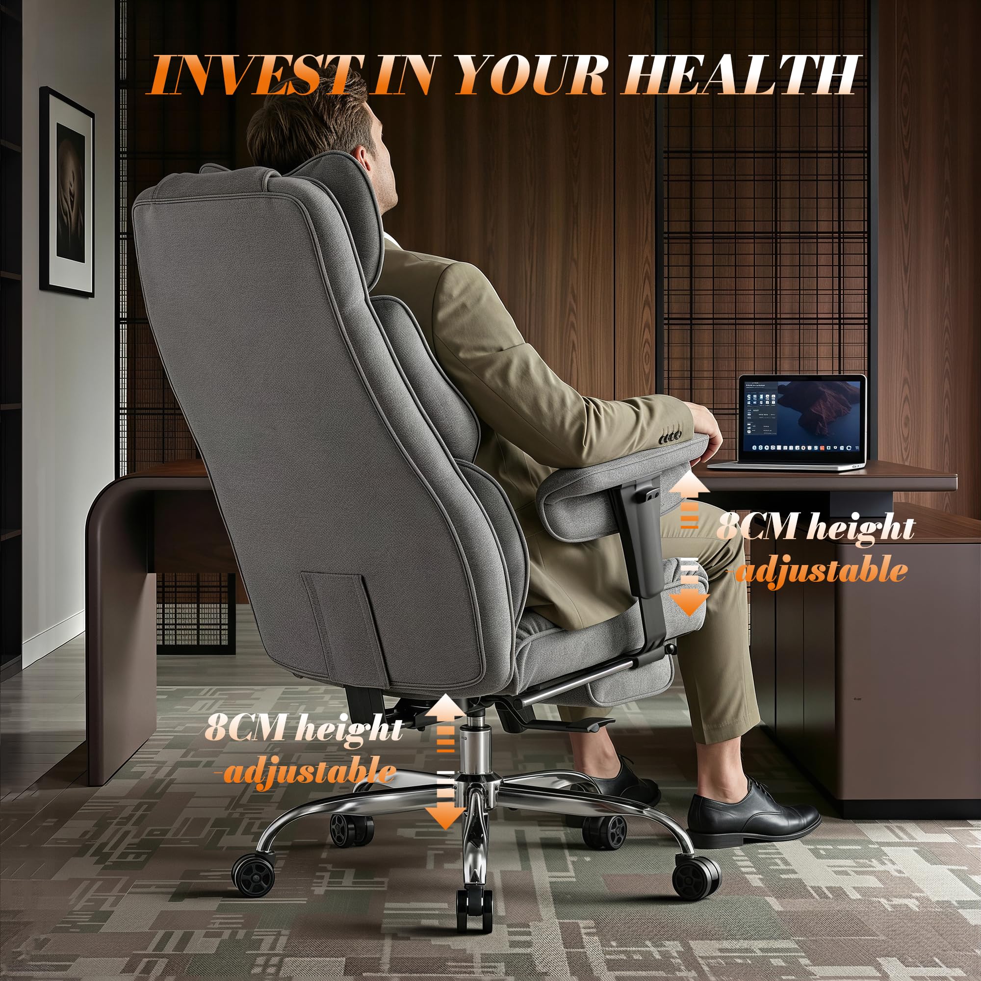 Efomao Chaise de Bureau en Tissu Grande Taille, Fauteuil Ergonomique 200KG, Siège Ordinateur Réglable à Dossier Haut, Chaise Pivotante avec Repose-Pieds et Coussin Lombaire