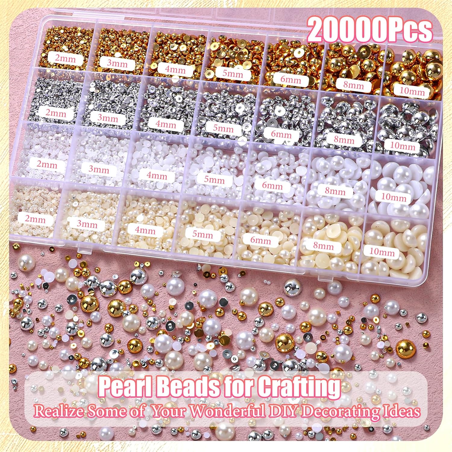 20000Pcs Gold Silver White Half Pearls for Crafting, Flatback Half Round Pearl for Nails, 6 Sizes ABS Pearl Beads Gems for Nails Art DIY Crafts Embellishment Shoes Clothes Bags DIY Making - Image 2
