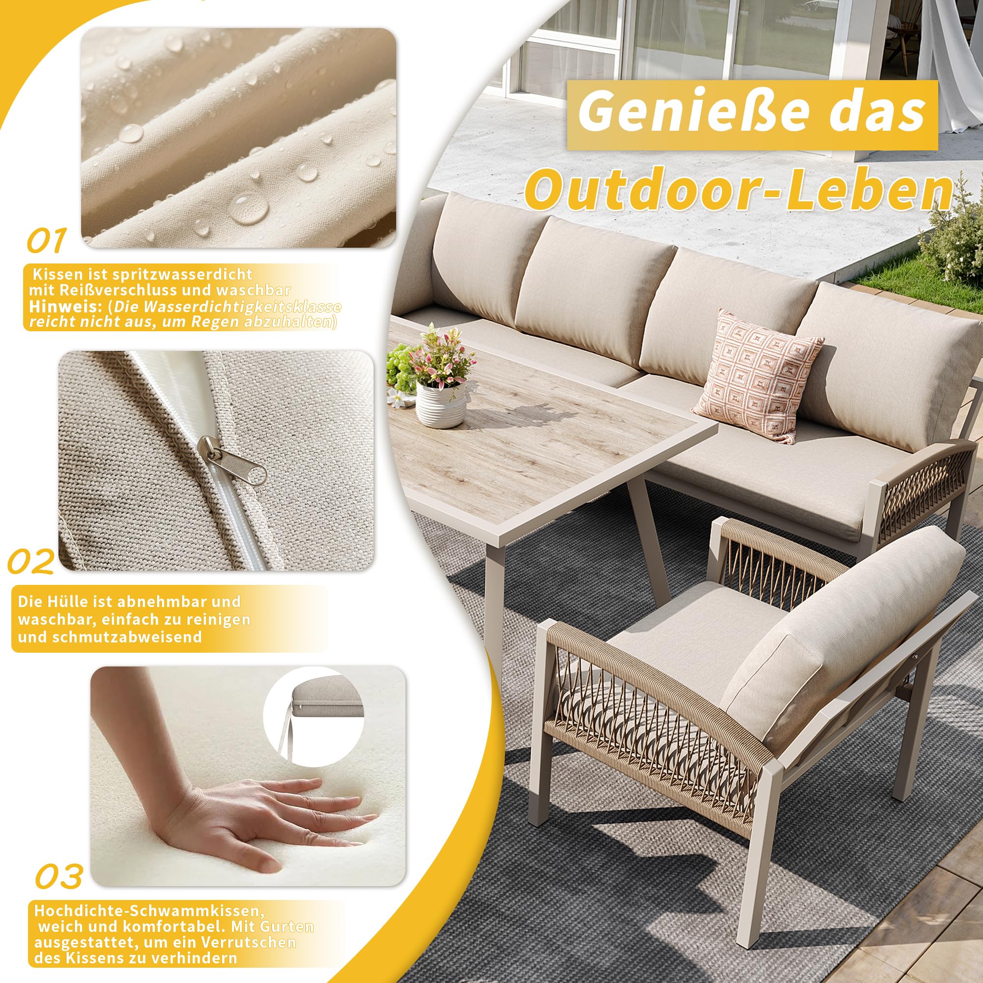 Set di mobili da giardino per 8 persone, 4 pezzi, 1 tavolo con piano in vetro effetto legno, 2 poltrone intrecciate a mano, 1 divano, struttura in ferro con cuscino beige, inclusi tutti i