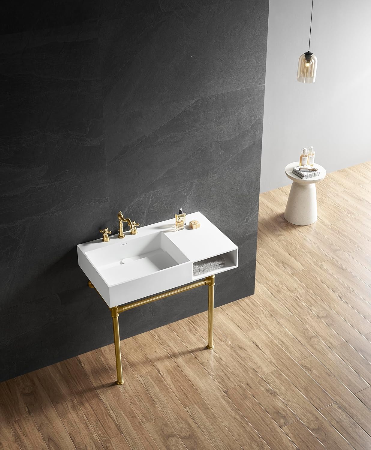 Kingston Brass KVPB3368SQA7 Aurelius 36" Solid Surface Console Sink with Stainless Steel Legs (8-Inch, 3-Hole), Matte White/Brushed Brass