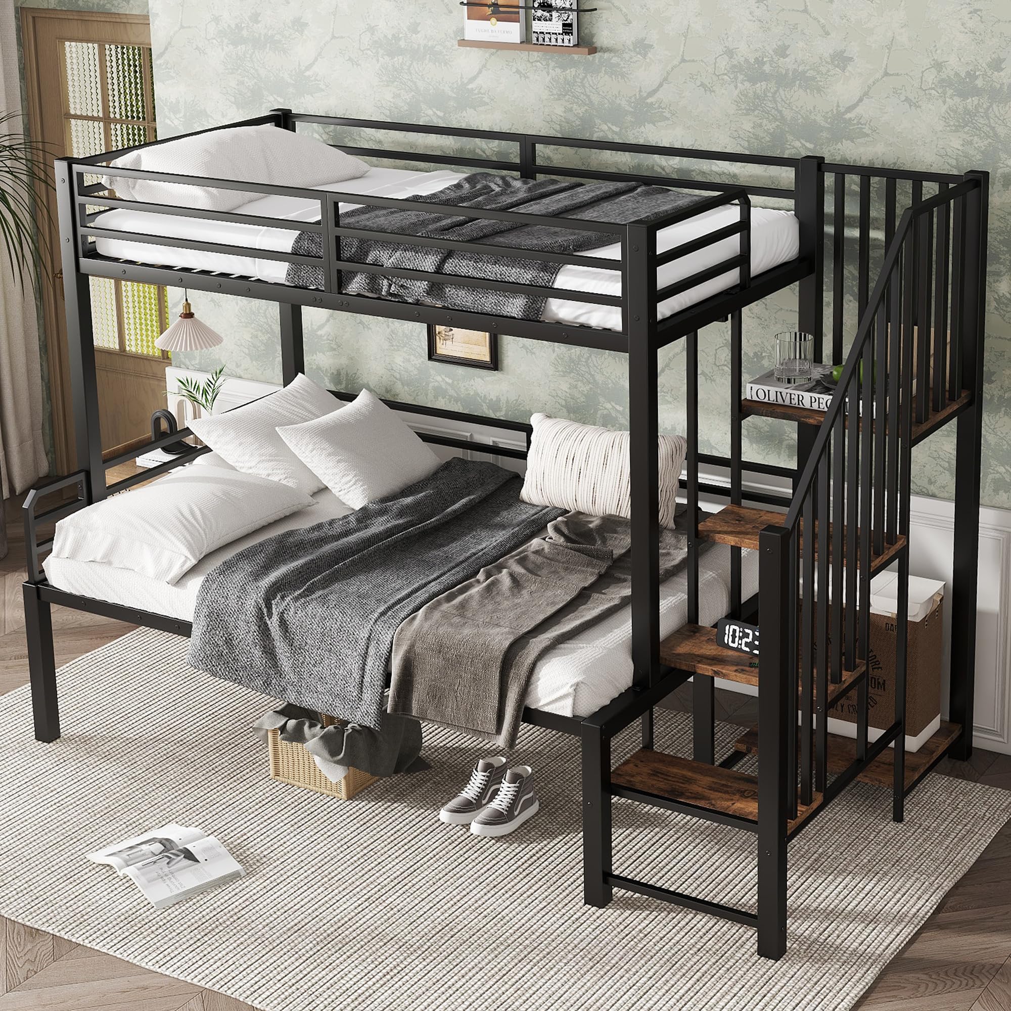 Idemon Letto in ferro a castello, cabina angolare, vano portaoggetti, MDF, nero+legno vintage, 90x200 cm e 120x200 cm