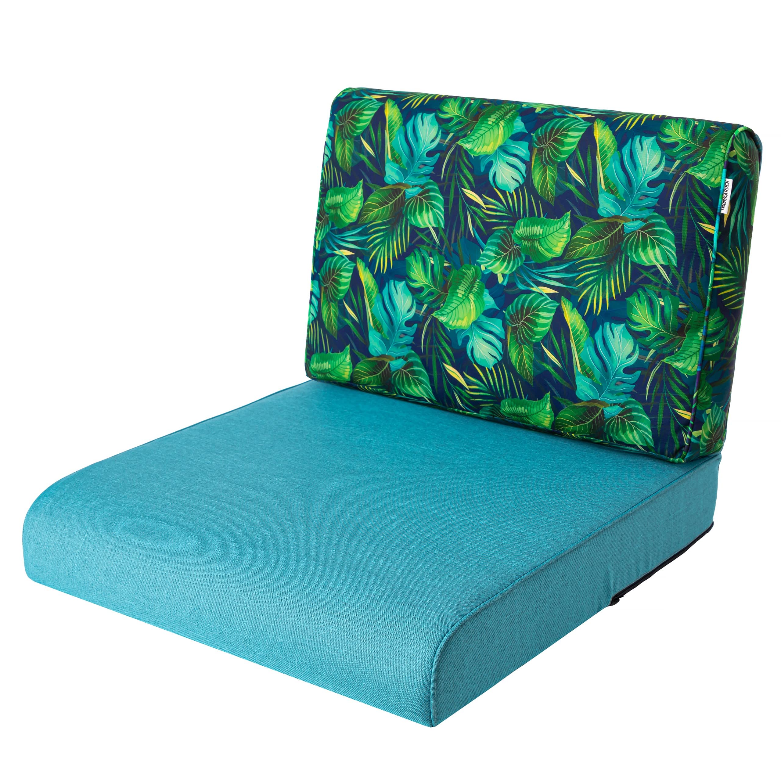 PillowPrim, Chair Cushion, Cushion for Rattan Chair, Outdoor, Pad, Pallet Pillow, Seat Cushion, Rattan Furniture, Blue + Blue Leaves, 50 x 50 cm